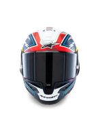 Casque Supertech R10 Acosta Édition Limitée d'Alpinestars, casque de moto racing en carbone, coloris bleu, rouge et blanc, certifié ECE 22.06, DOT et FIM