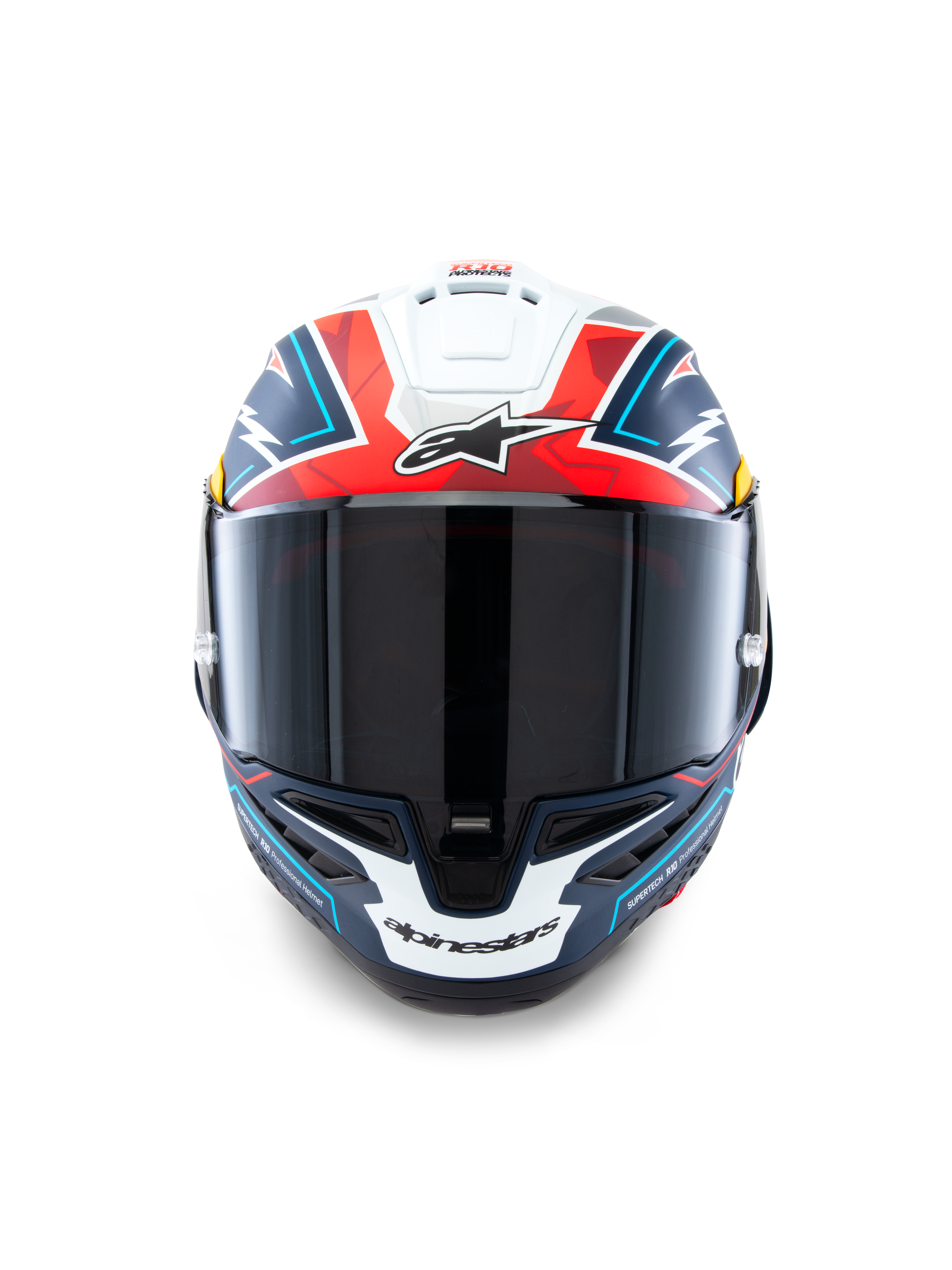 Casque Supertech R10 Acosta Édition Limitée d'Alpinestars, casque de moto racing en carbone, coloris bleu, rouge et blanc, certifié ECE 22.06, DOT et FIM