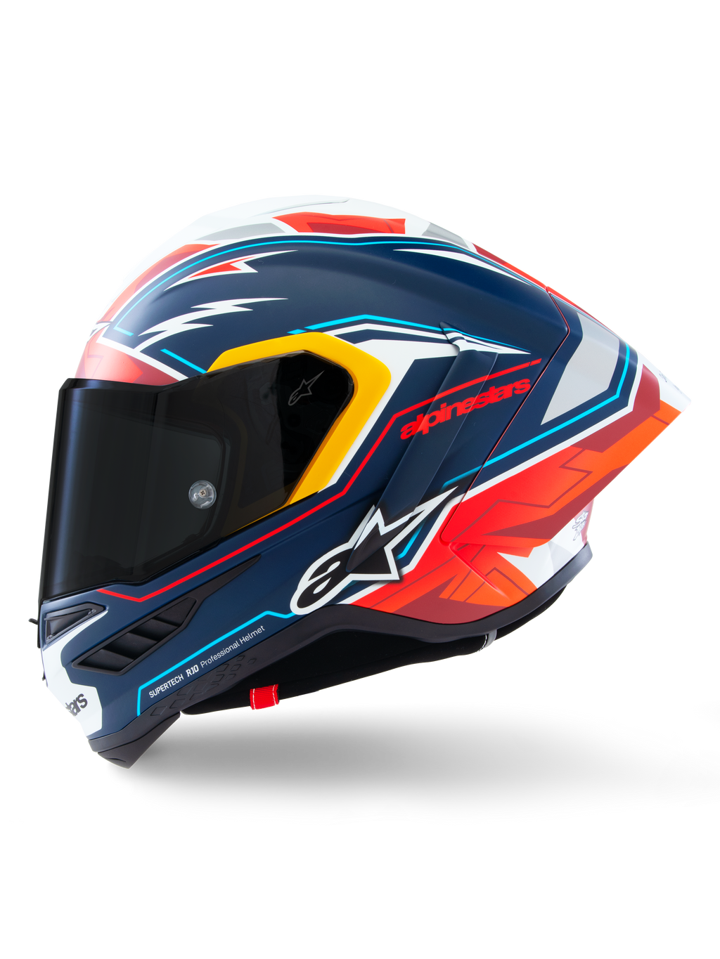 Casque Supertech R10 Acosta Édition Limitée d'Alpinestars, casque de moto racing, bleu, rouge et blanc, construction en carbone composite, certifié ECE 22.06, DOT et FIM