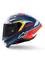 Casque Supertech R10 Acosta Édition Limitée d'Alpinestars, casque de moto racing, bleu, rouge et blanc, construction en carbone composite, certifié ECE 22.06, DOT et FIM