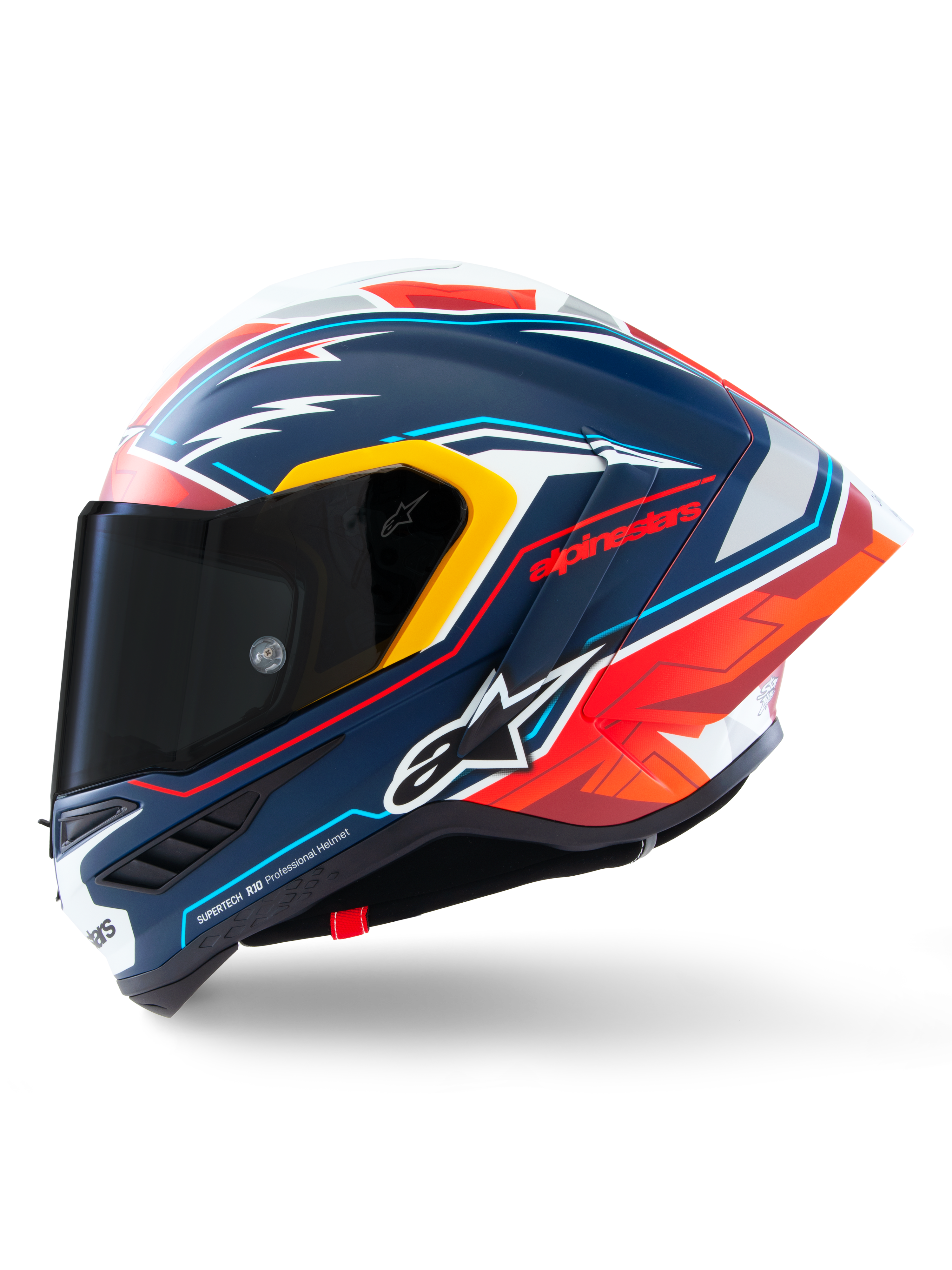 Casque Supertech R10 Acosta Édition Limitée d'Alpinestars, casque de moto racing, bleu, rouge et blanc, construction en carbone composite, certifié ECE 22.06, DOT et FIM