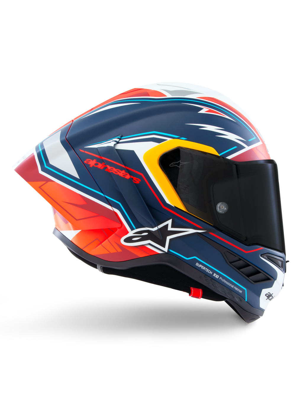 Casque Alpinestars Supertech R10 Acosta Édition Limitée, casque de moto racing intégral, bleu, rouge et blanc, certifié ECE 22.06, DOT et FIM, construction en carbone composite