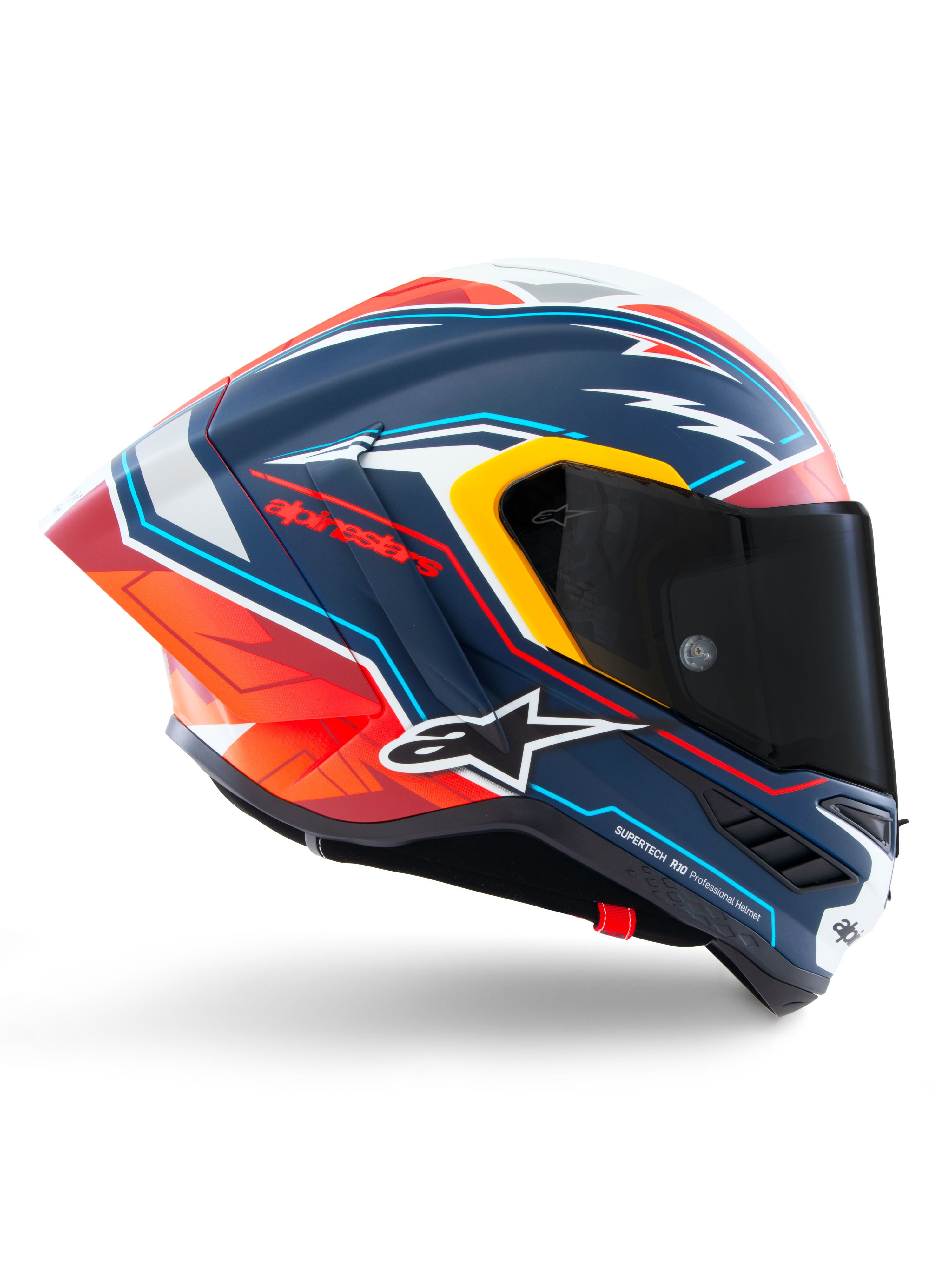 Casque Alpinestars Supertech R10 Acosta Édition Limitée, casque de moto racing intégral, bleu, rouge et blanc, certifié ECE 22.06, DOT et FIM, construction en carbone composite