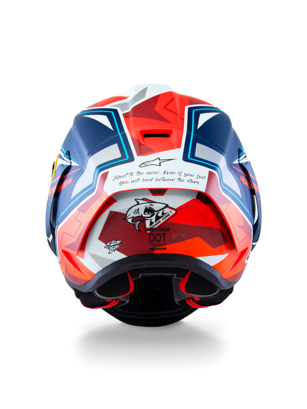 Casque Alpinestars Supertech R10 Acosta Édition Limitée, vue arrière montrant la construction en carbone, graphique de requin et certification DOT, bleu, rouge et blanc, casque de moto racing