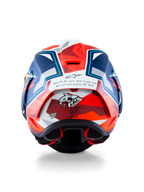 Casque Alpinestars Supertech R10 Acosta Édition Limitée, vue arrière montrant la construction en carbone, graphique de requin et certification DOT, bleu, rouge et blanc, casque de moto racing
