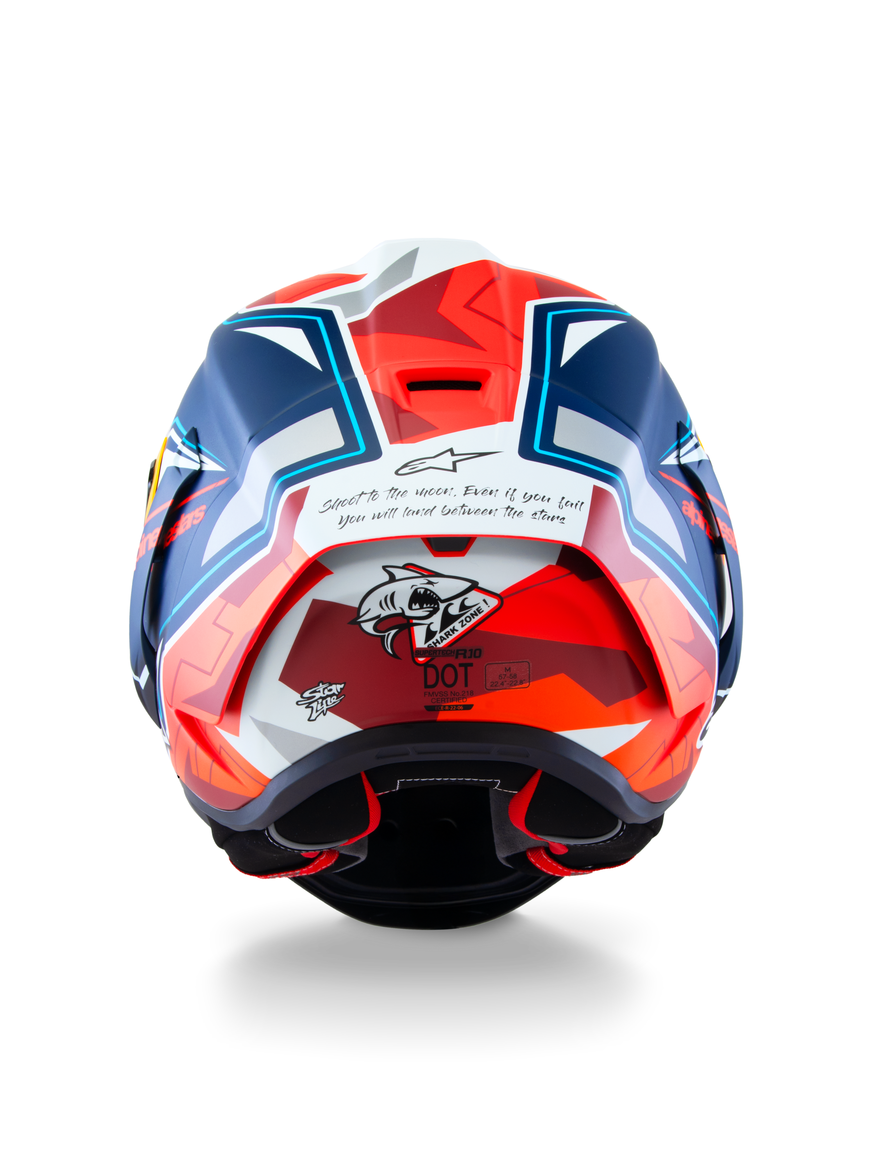 Casque Alpinestars Supertech R10 Acosta Édition Limitée, vue arrière montrant la construction en carbone, graphique de requin et certification DOT, bleu, rouge et blanc, casque de moto racing