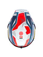 Casque Supertech R10 Acosta Édition Limitée d'Alpinestars, vue de dessus du casque de course en carbone bleu, rouge et blanc, avec spoiler aérodynamique, certifié ECE 22.06 et FIM
