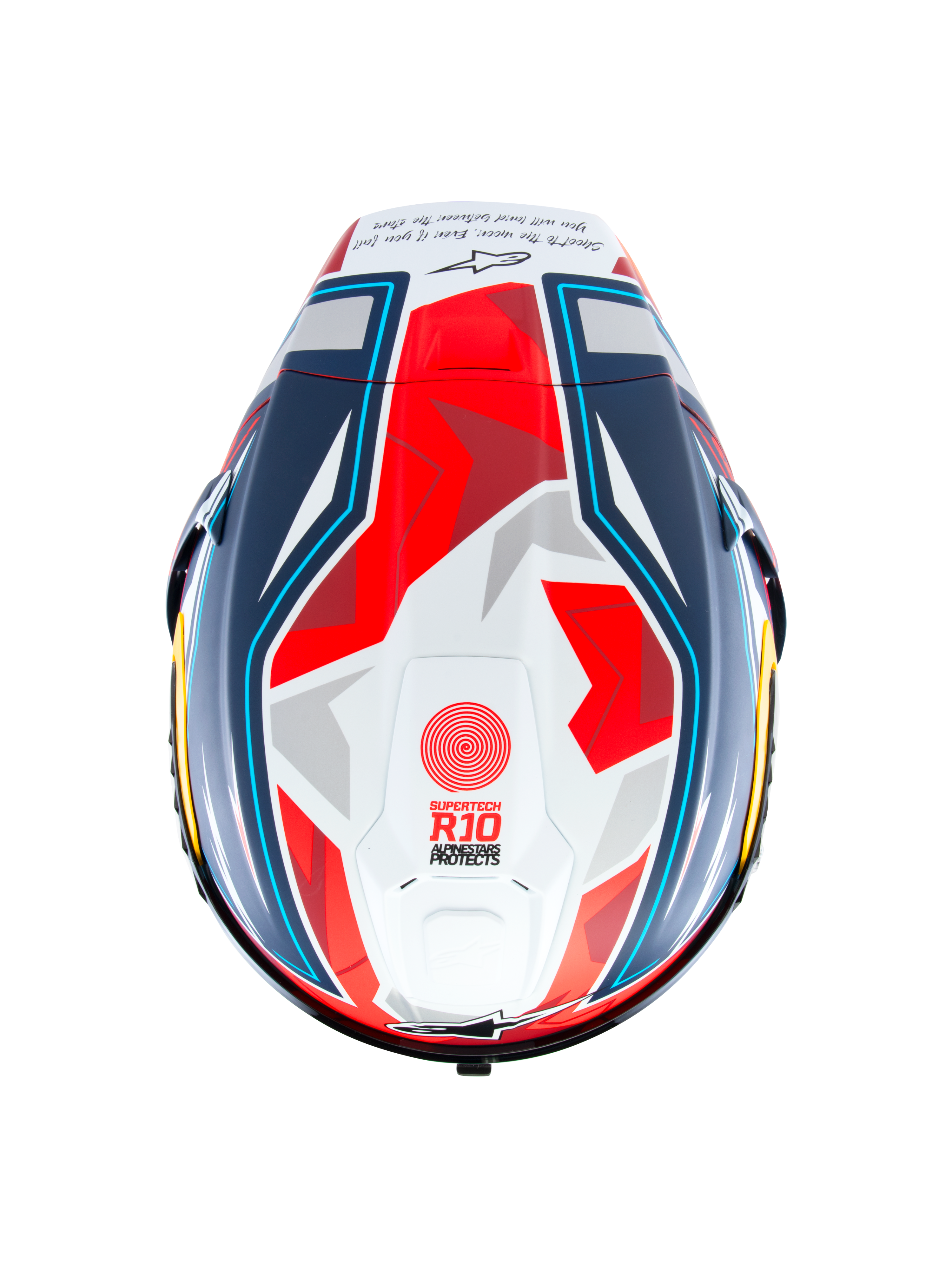 Casque Supertech R10 Acosta Édition Limitée d'Alpinestars, vue de dessus du casque de course en carbone bleu, rouge et blanc, avec spoiler aérodynamique, certifié ECE 22.06 et FIM