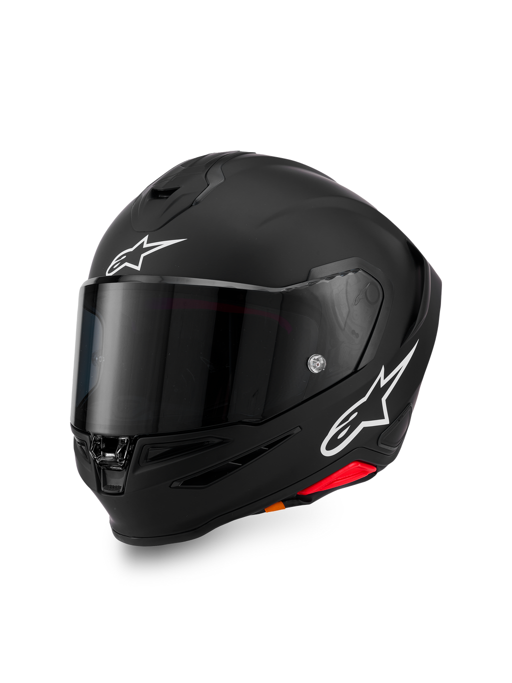 Casque Alpinestars S-R7 Solid, casque de moto intégral, noir mat avec logos A-star blancs sur le front et le côté, visière teintée foncée, coque au design aérodynamique pour la course et le pilotage sportif