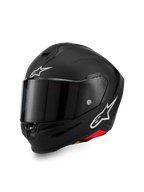 Casque Alpinestars S-R7 Solid, casque de moto intégral, noir mat avec logos A-star blancs sur le front et le côté, visière teintée foncée, coque au design aérodynamique pour la course et le pilotage sportif