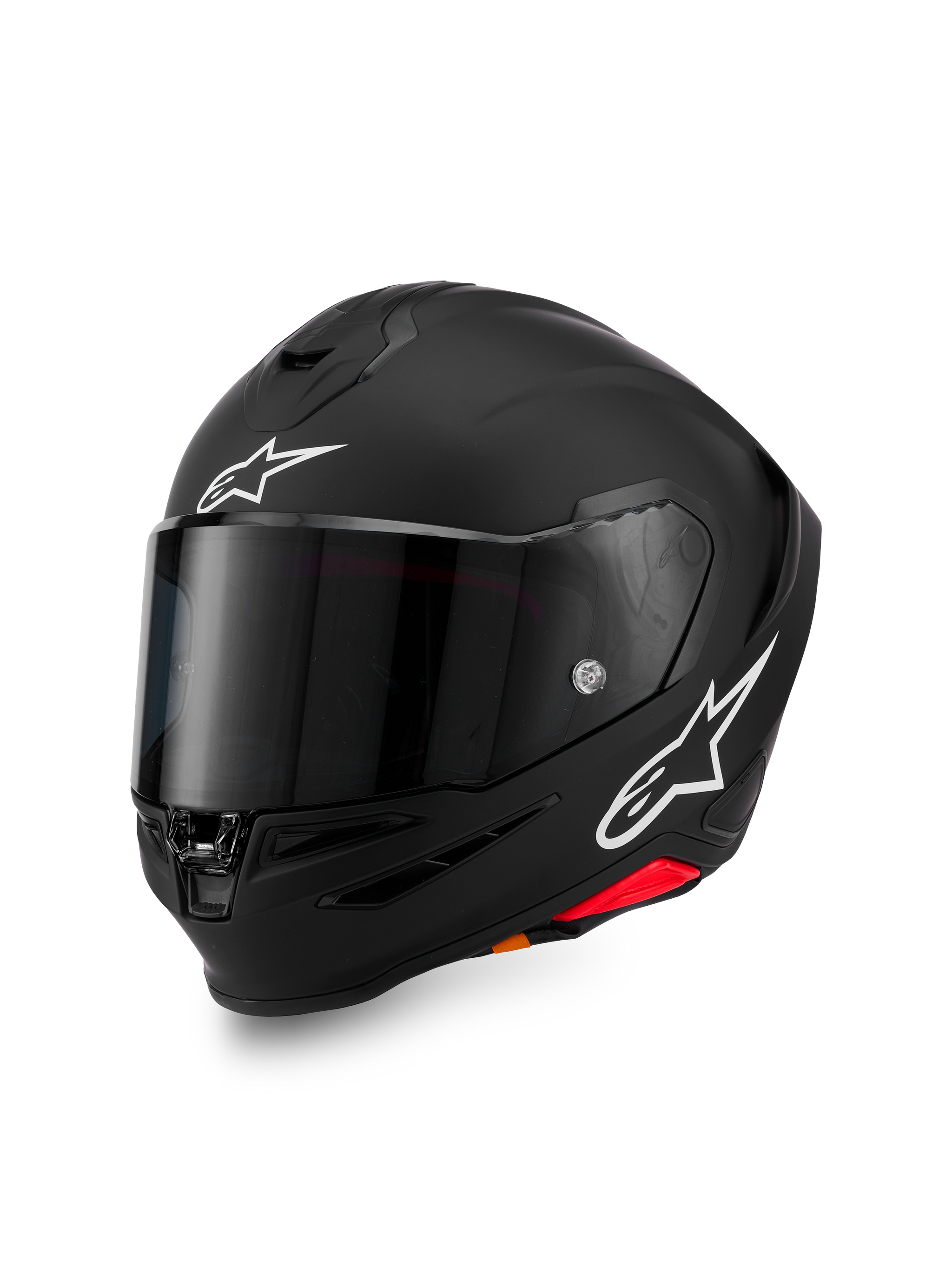 Casque Alpinestars S-R7 Solid, casque de moto intégral, noir mat avec logos A-star blancs sur le front et le côté, visière teintée foncée, coque au design aérodynamique pour la course et le pilotage sportif