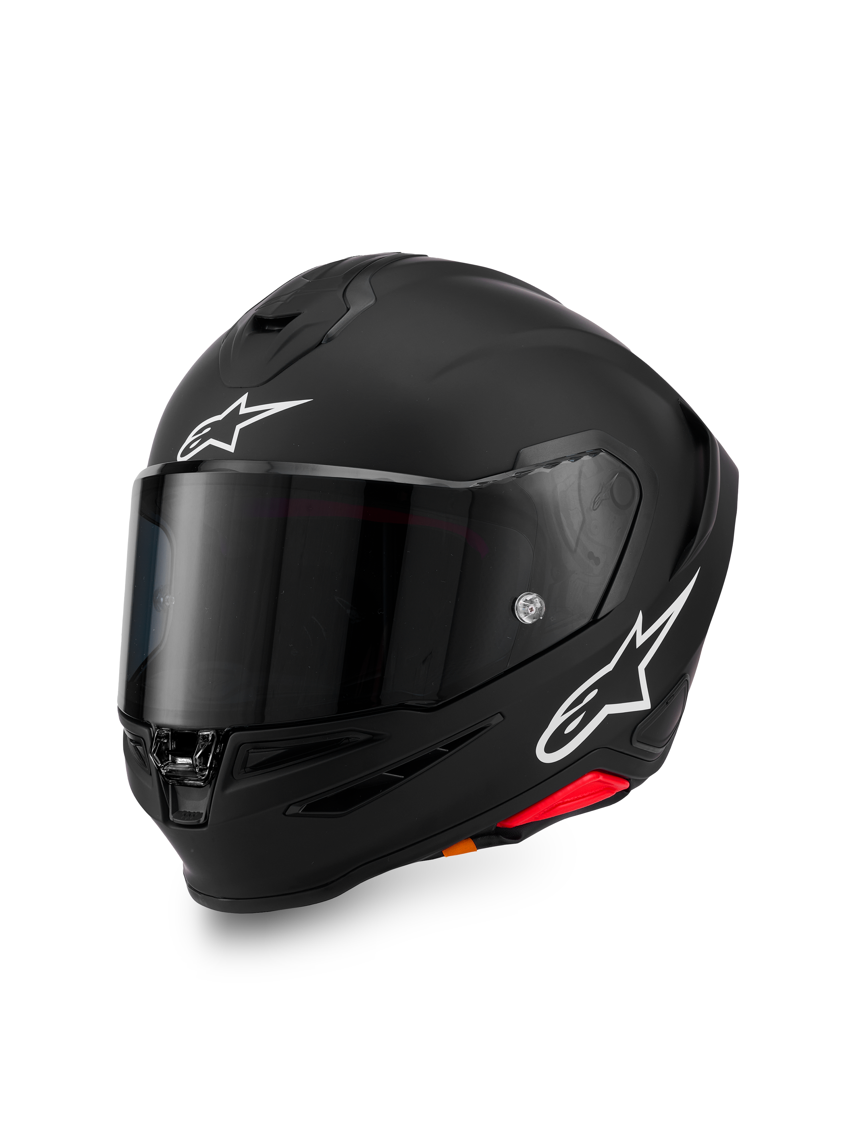 Casque Alpinestars S-R7 Solid, casque de moto intégral, noir mat avec logos A-star blancs sur le front et le côté, visière teintée foncée, coque au design aérodynamique pour la course et le pilotage sportif