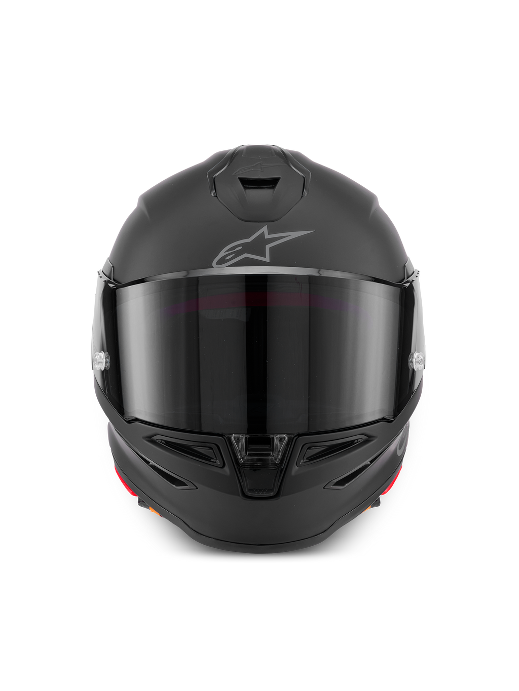 Casque Alpinestars S-R7 Solid, casque intégral de moto en noir mat, vue de face montrant la coque aérodynamique avec visière teintée, ventilations intégrées à la mentonnière et sur le dessus, logo Astar emblématique sur le front.