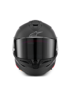 Casque Alpinestars S-R7 Solid, casque intégral de moto en noir mat, vue de face montrant la coque aérodynamique avec visière teintée, ventilations intégrées à la mentonnière et sur le dessus, logo Astar emblématique sur le front.