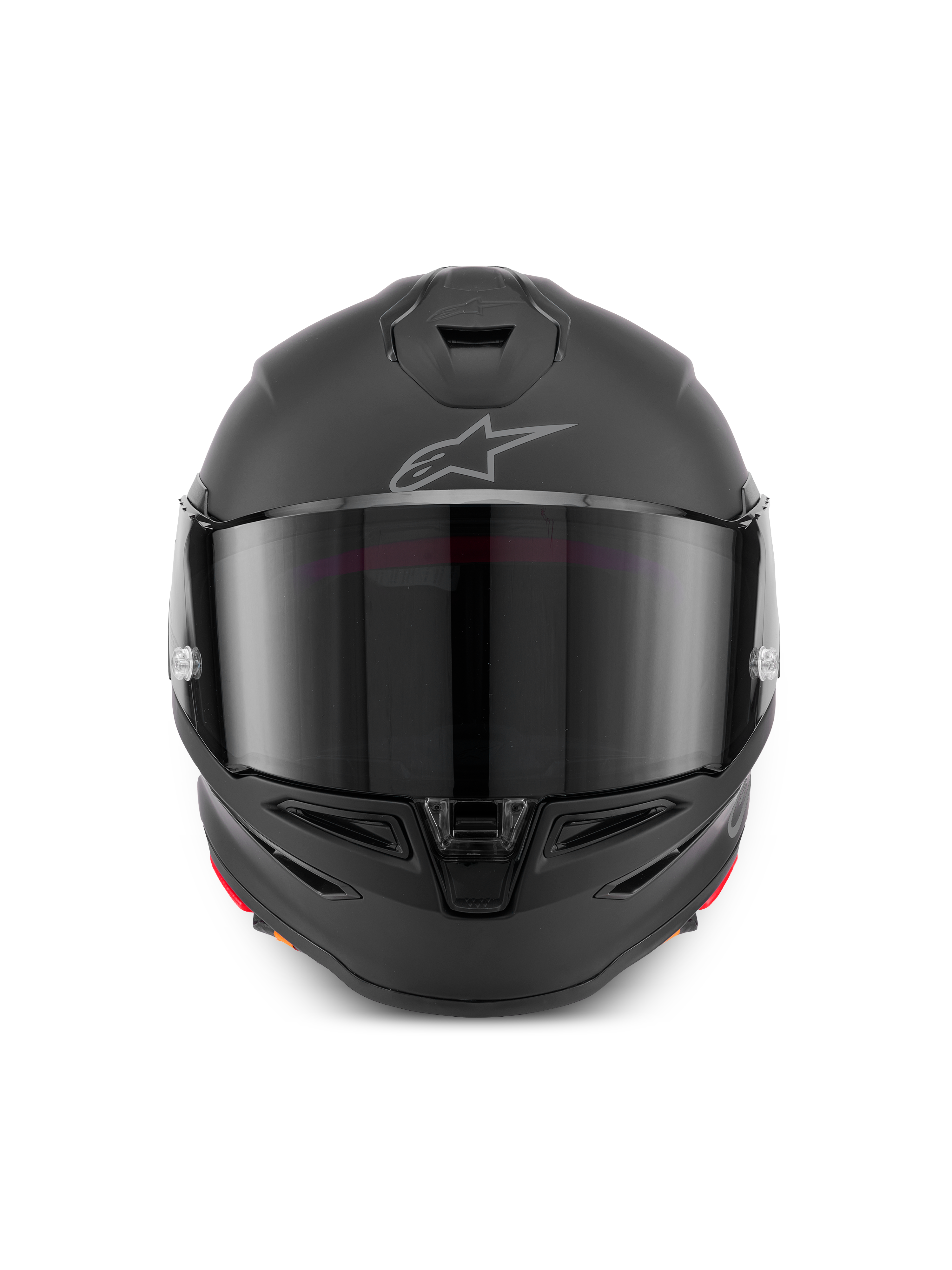 Casque Alpinestars S-R7 Solid, casque intégral de moto en noir mat, vue de face montrant la coque aérodynamique avec visière teintée, ventilations intégrées à la mentonnière et sur le dessus, logo Astar emblématique sur le front.