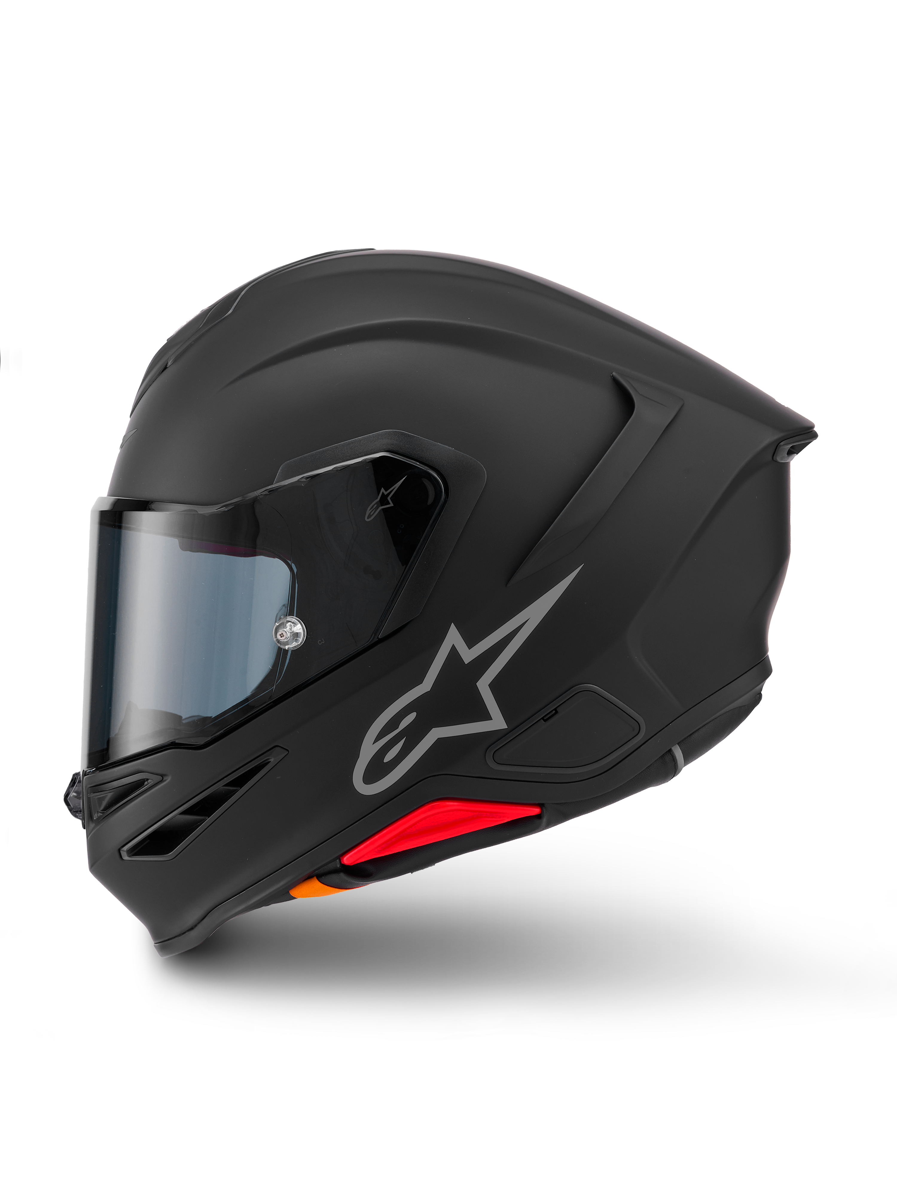 Casque Alpinestars S-R7 Solid, casque de moto intégral, noir mat, vue de profil, avec logo Astars argenté sur le côté, design aérodynamique avec spoiler intégré et ventilations de mentonnière, et accents rouges et orange à la base.