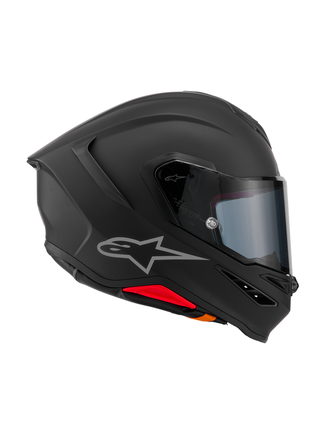 Casque Alpinestars S-R7 Solid, casque de moto intégral, noir mat, vue de profil montrant la coque aérodynamique en composite de carbone, le spoiler arrière intégré, le logo Astars argenté, la visière transparente et les ports de ventilation, équipement de sport et de compétition