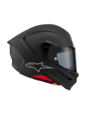 Casque Alpinestars S-R7 Solid, casque de moto intégral, noir mat, vue de profil montrant la coque aérodynamique en composite de carbone, le spoiler arrière intégré, le logo Astars argenté, la visière transparente et les ports de ventilation, équipement de sport et de compétition