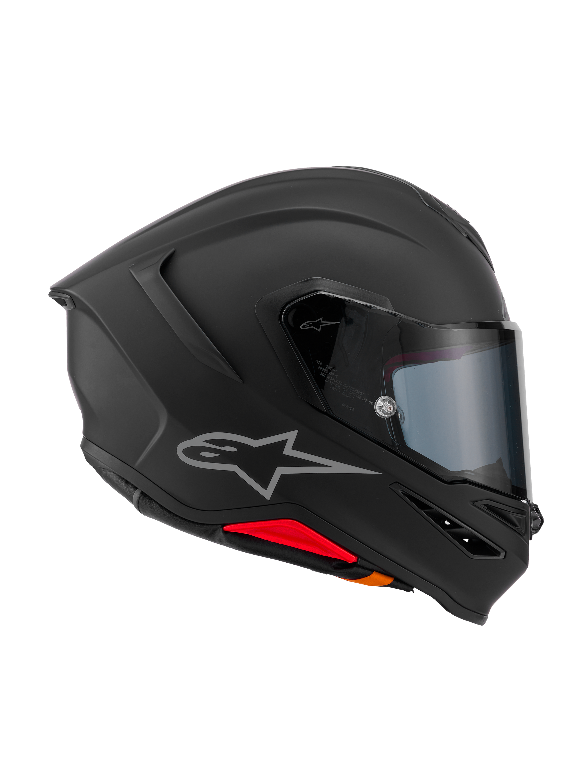 Casque Alpinestars S-R7 Solid, casque de moto intégral, noir mat, vue de profil montrant la coque aérodynamique en composite de carbone, le spoiler arrière intégré, le logo Astars argenté, la visière transparente et les ports de ventilation, équipement de sport et de compétition