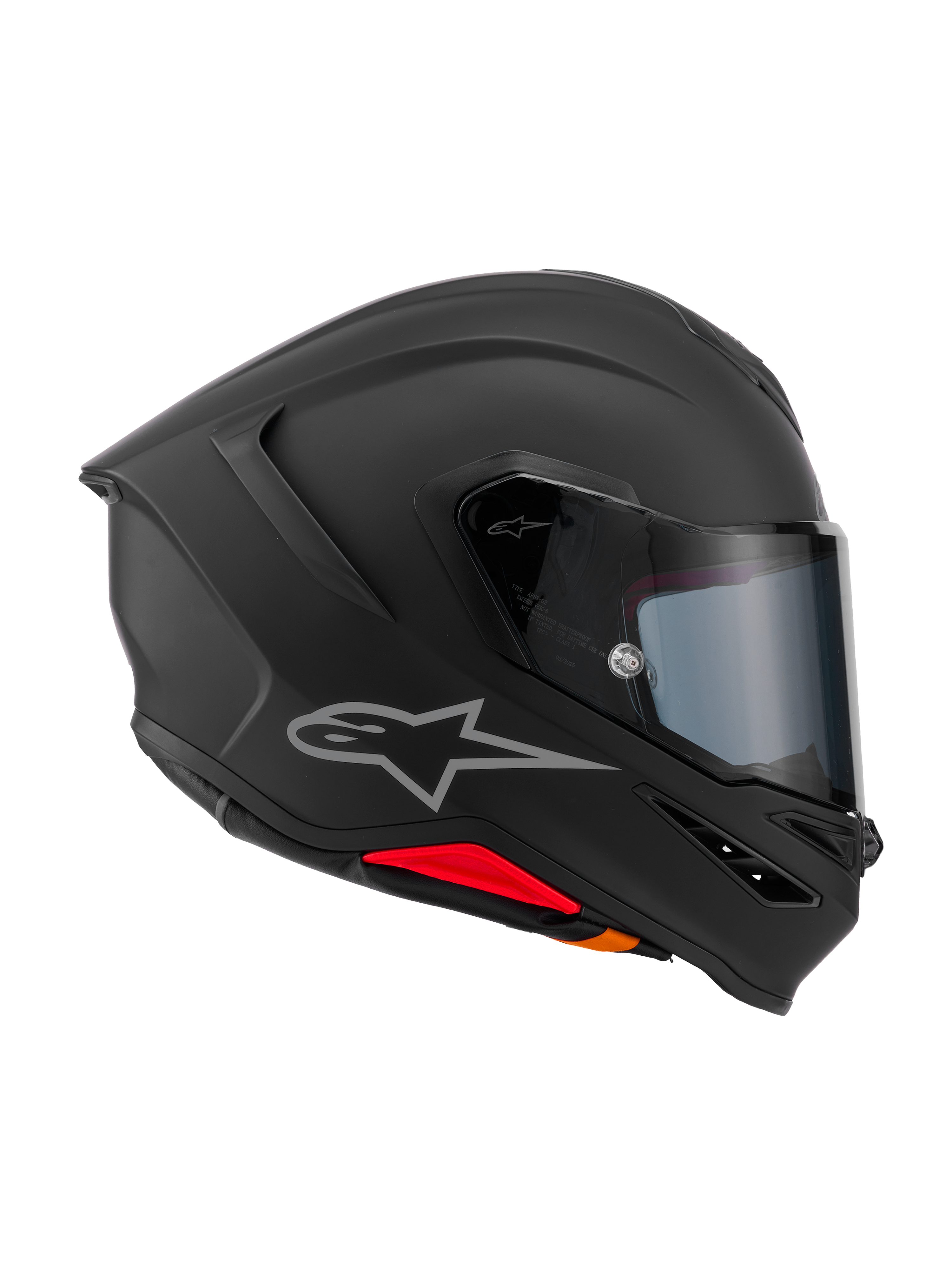 Casque Alpinestars S-R7 Solid, casque de moto intégral, noir mat, vue de profil montrant la coque aérodynamique en composite de carbone, le spoiler arrière intégré, le logo Astars argenté, la visière transparente et les ports de ventilation, équipement de sport et de compétition