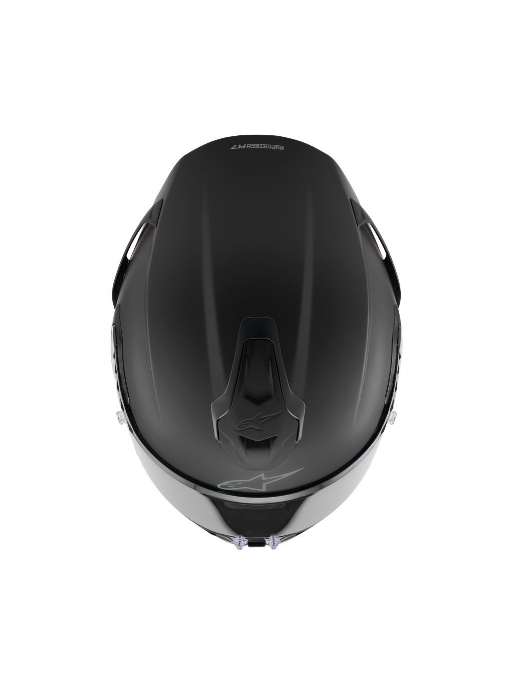 Casque Alpinestars S-R7 Solid, casque intégral de course, noir mat, vue de dessus montrant la construction aérodynamique de la coque, les ports de ventilation intégrés et le logo Alpinestars discret.