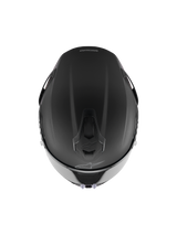 Casque Alpinestars S-R7 Solid, casque intégral de course, noir mat, vue de dessus montrant la construction aérodynamique de la coque, les ports de ventilation intégrés et le logo Alpinestars discret.