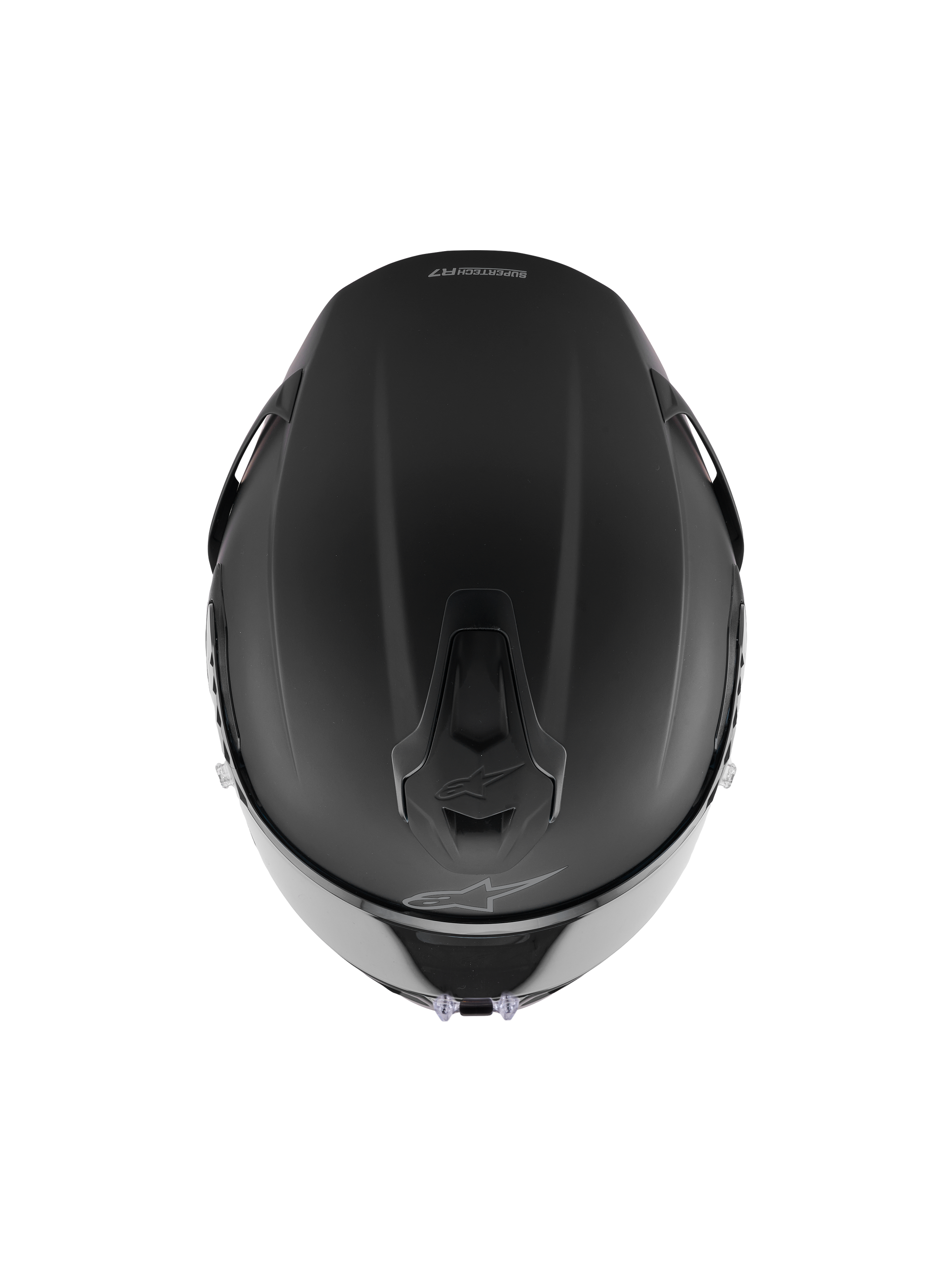 Casque Alpinestars S-R7 Solid, casque intégral de course, noir mat, vue de dessus montrant la construction aérodynamique de la coque, les ports de ventilation intégrés et le logo Alpinestars discret.