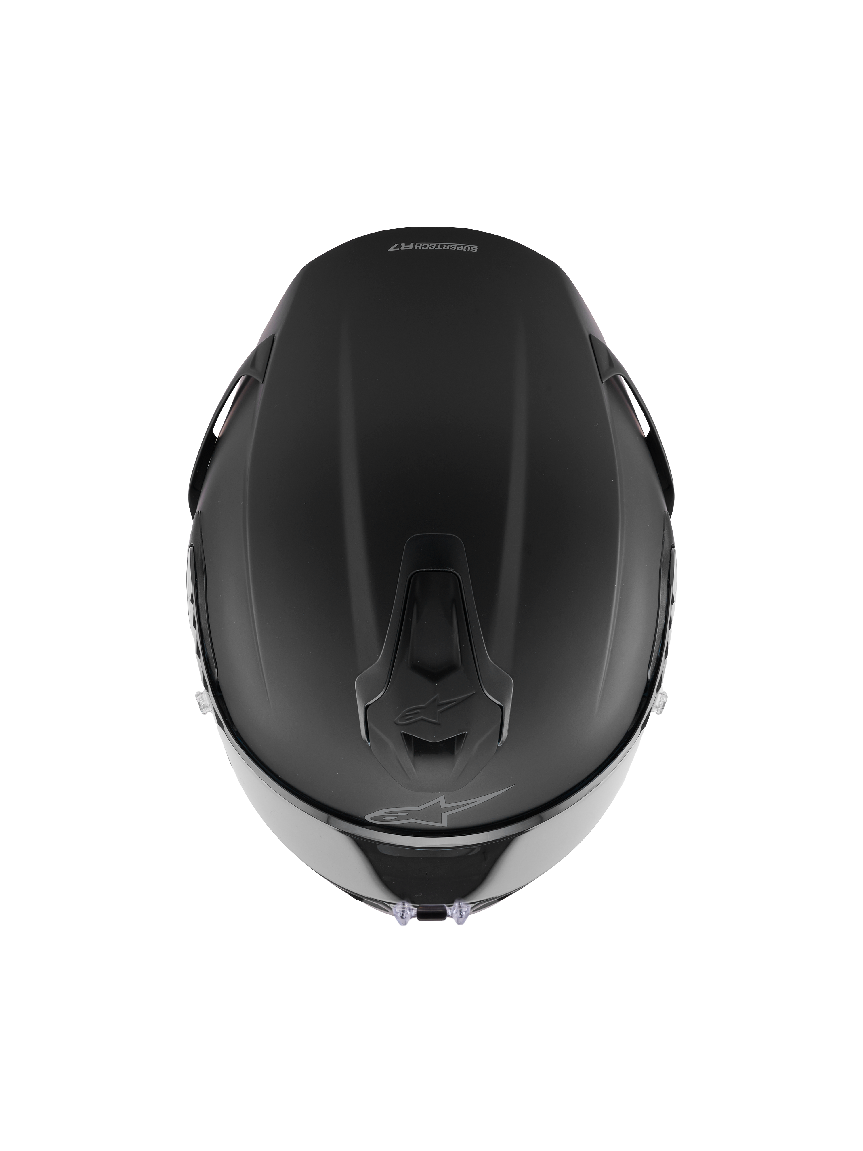 Casque Alpinestars S-R7 Solid, casque intégral de course, noir mat, vue de dessus montrant la construction aérodynamique de la coque, les ports de ventilation intégrés et le logo Alpinestars discret.