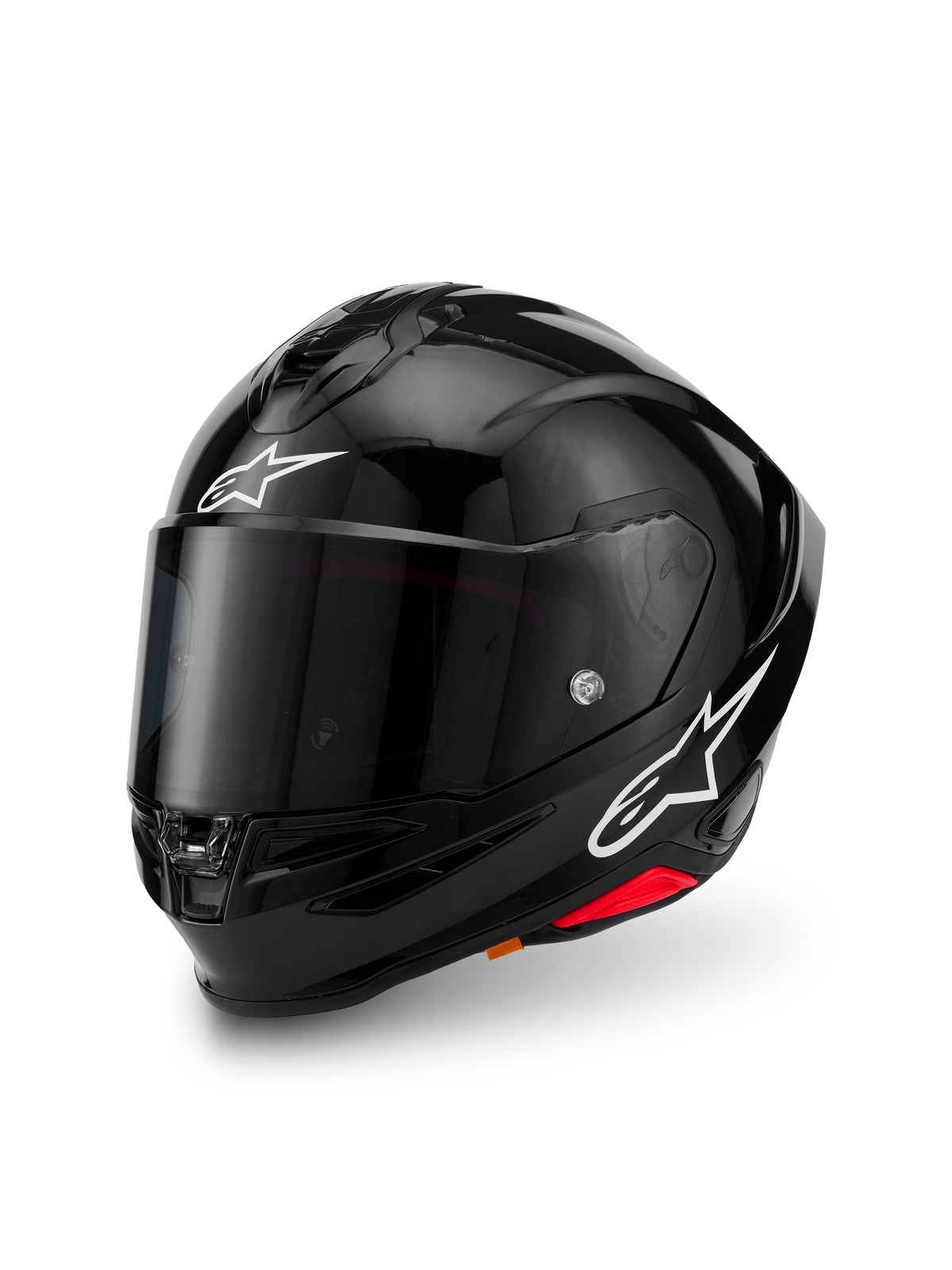 Alpinestars S-R7 Solid Helmet, noir brillant, casque intégral de moto avec coque en composite de carbone, logos étoiles blancs sur le front et le côté, design aérodynamique avec spoiler intégré et ports de ventilation