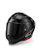 Alpinestars S-R7 Solid Helmet, noir brillant, casque intégral de moto avec coque en composite de carbone, logos étoiles blancs sur le front et le côté, design aérodynamique avec spoiler intégré et ports de ventilation