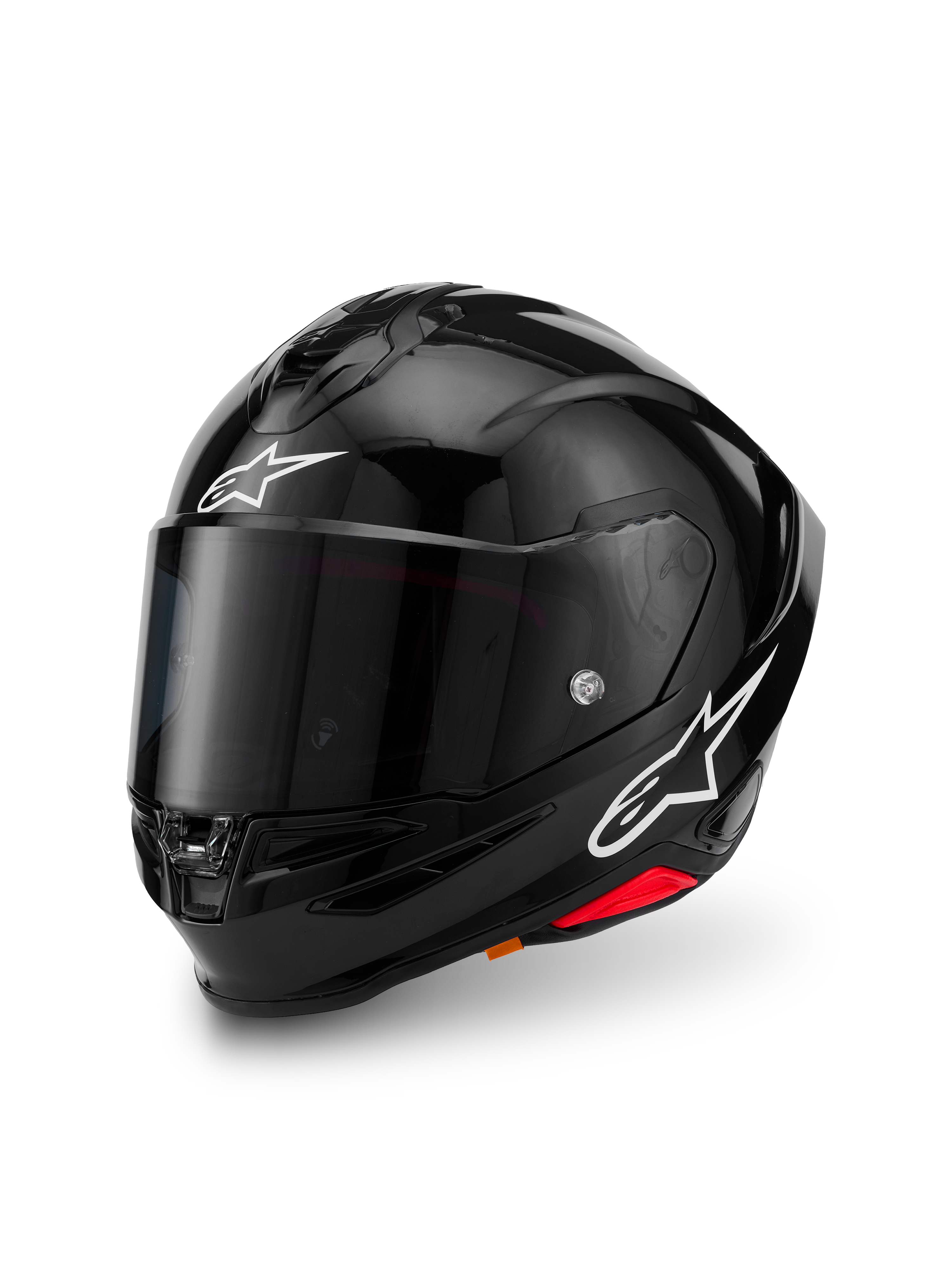 Alpinestars S-R7 Solid Helmet, noir brillant, casque intégral de moto avec coque en composite de carbone, logos étoiles blancs sur le front et le côté, design aérodynamique avec spoiler intégré et ports de ventilation
