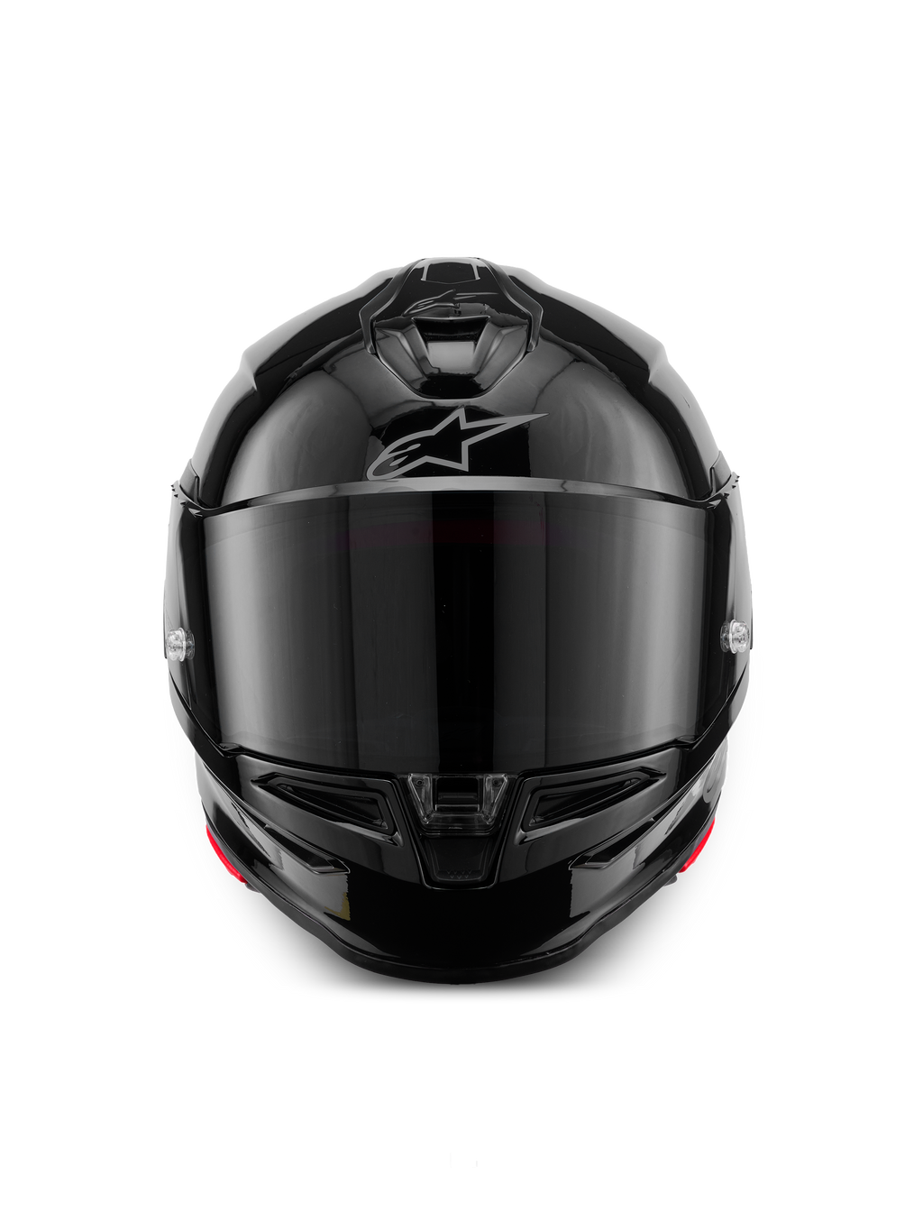 Casque Alpinestars S-R7 Solid, casque de moto intégral, noir brillant, vue de face avec visière teintée foncée, coque aérodynamique épurée avec ventilations sur la mentonnière et le dessus, logo Alpinestars argenté discret sur le front.