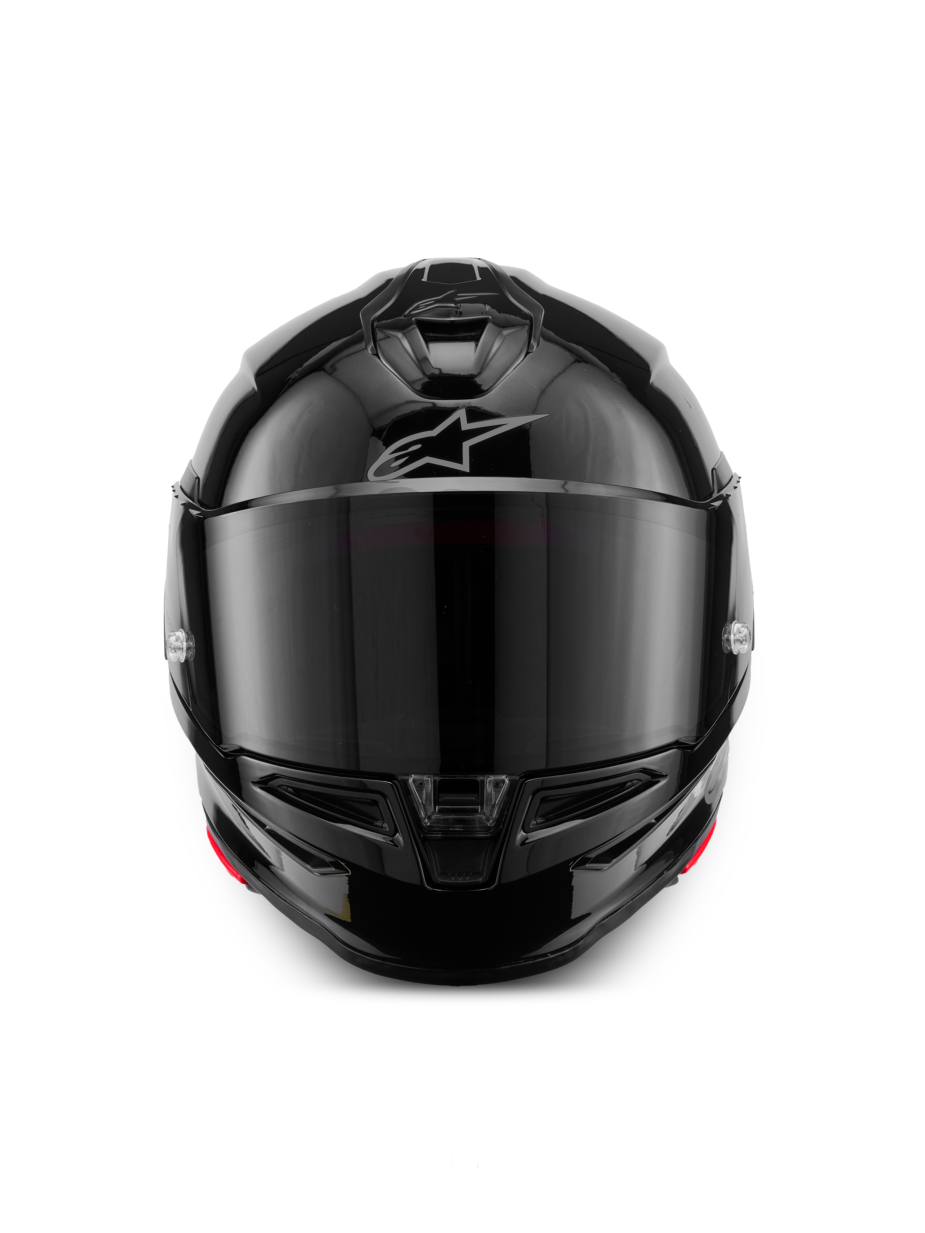 Casque Alpinestars S-R7 Solid, casque de moto intégral, noir brillant, vue de face avec visière teintée foncée, coque aérodynamique épurée avec ventilations sur la mentonnière et le dessus, logo Alpinestars argenté discret sur le front.