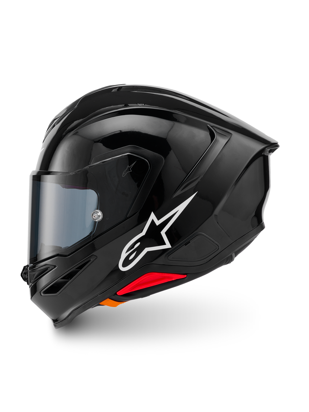 Casque Alpinestars S-R7 Solid, casque de moto intégral, noir brillant, vue de profil gauche présentant le logo Alpinestars blanc, coque aérodynamique avec spoiler intégré, visière teintée et accents rouges de libération d'urgence