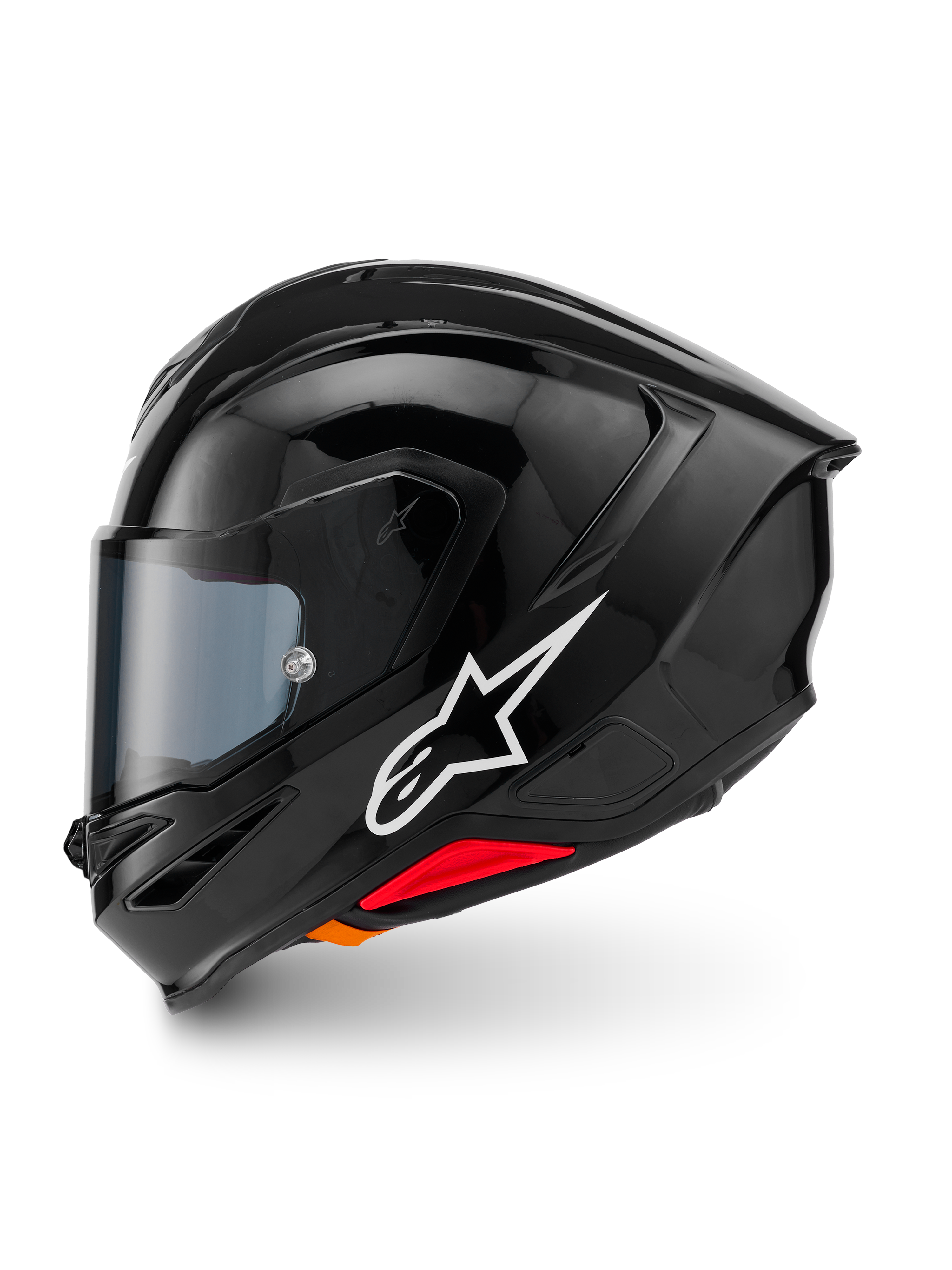 Casque Alpinestars S-R7 Solid, casque de moto intégral, noir brillant, vue de profil gauche présentant le logo Alpinestars blanc, coque aérodynamique avec spoiler intégré, visière teintée et accents rouges de libération d'urgence