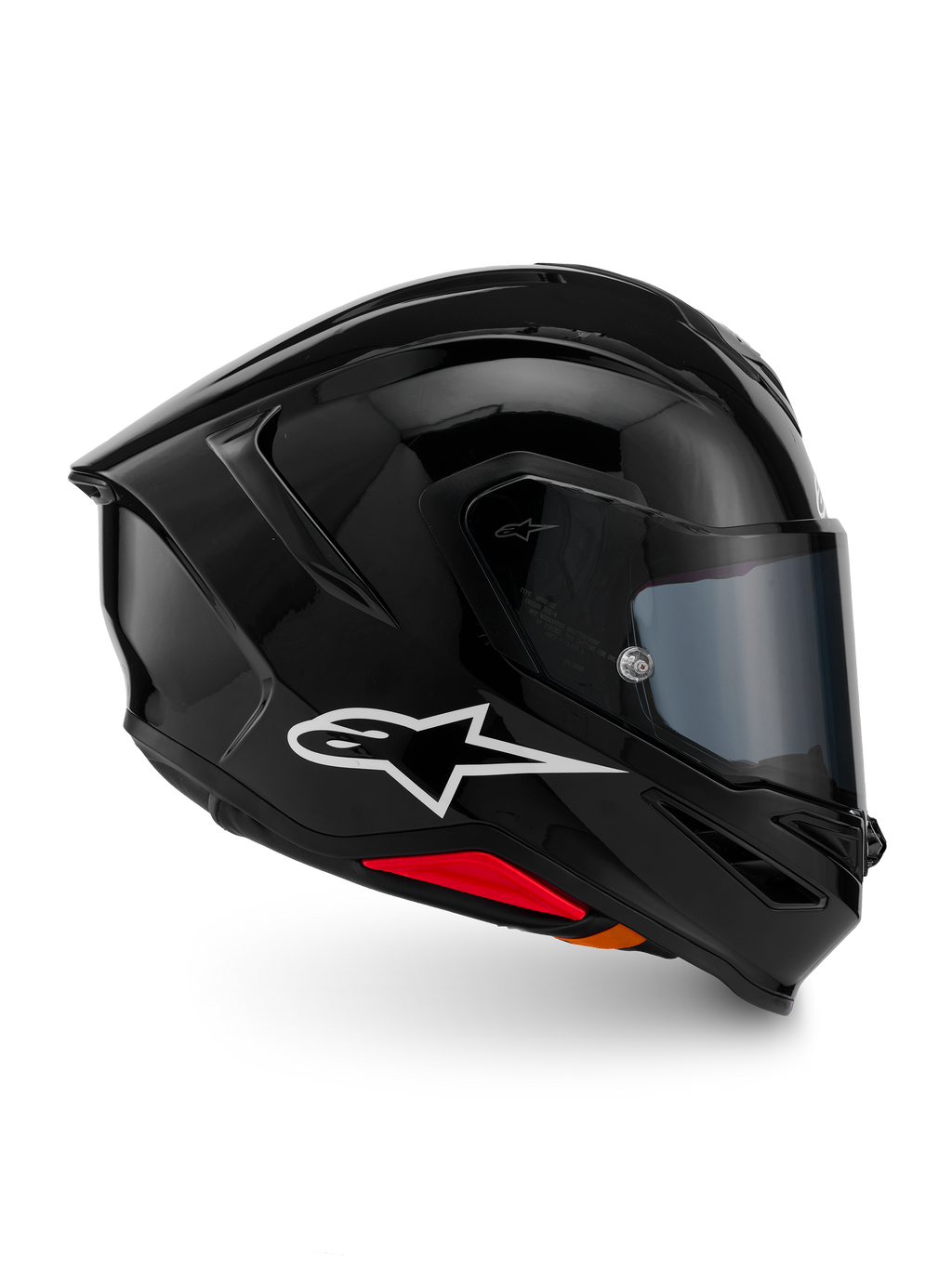 Casque Alpinestars S-R7 Solid, casque intégral de moto, noir brillant, vue de profil avec logo A-star blanc, coque aérodynamique profilée avec spoiler intégré et accents rouges à la base, conçu pour la course et les performances sportives.