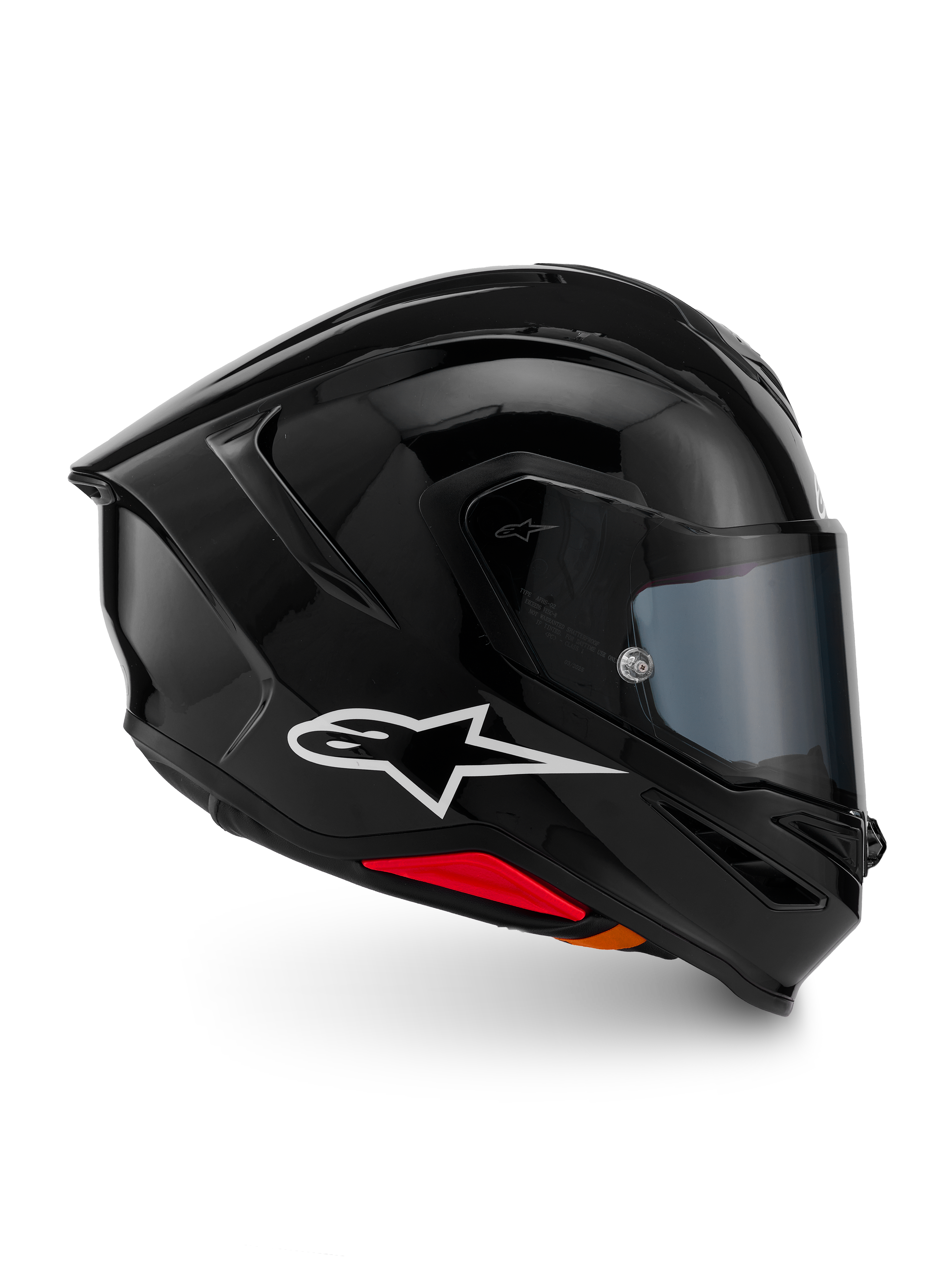 Casque Alpinestars S-R7 Solid, casque intégral de moto, noir brillant, vue de profil avec logo A-star blanc, coque aérodynamique profilée avec spoiler intégré et accents rouges à la base, conçu pour la course et les performances sportives.