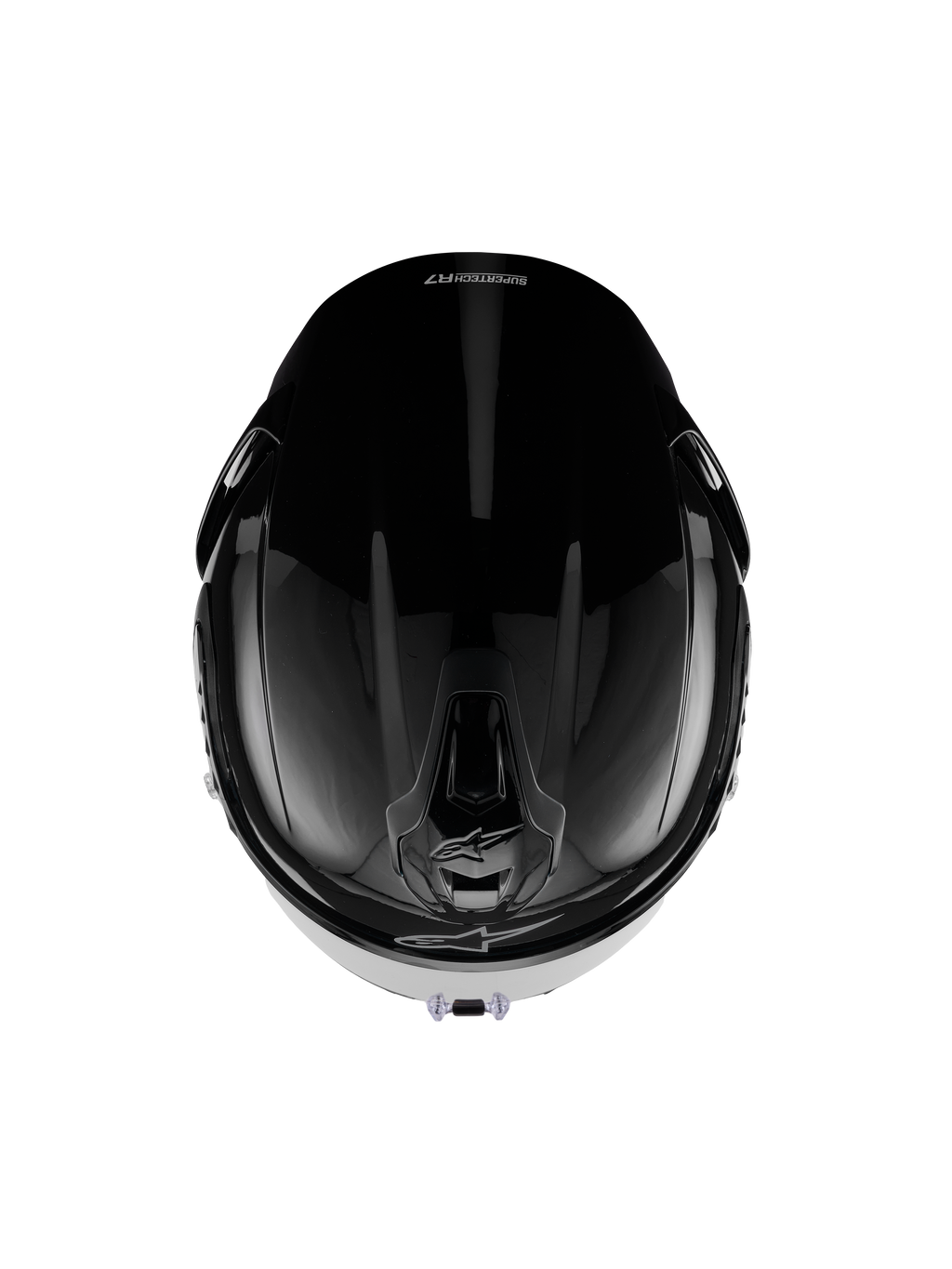 Casque Alpinestars S-R7 Solid, casque de moto intégral, noir brillant, vue de dessus montrant la coque aérodynamique, les orifices de ventilation et une finition brillante et épurée