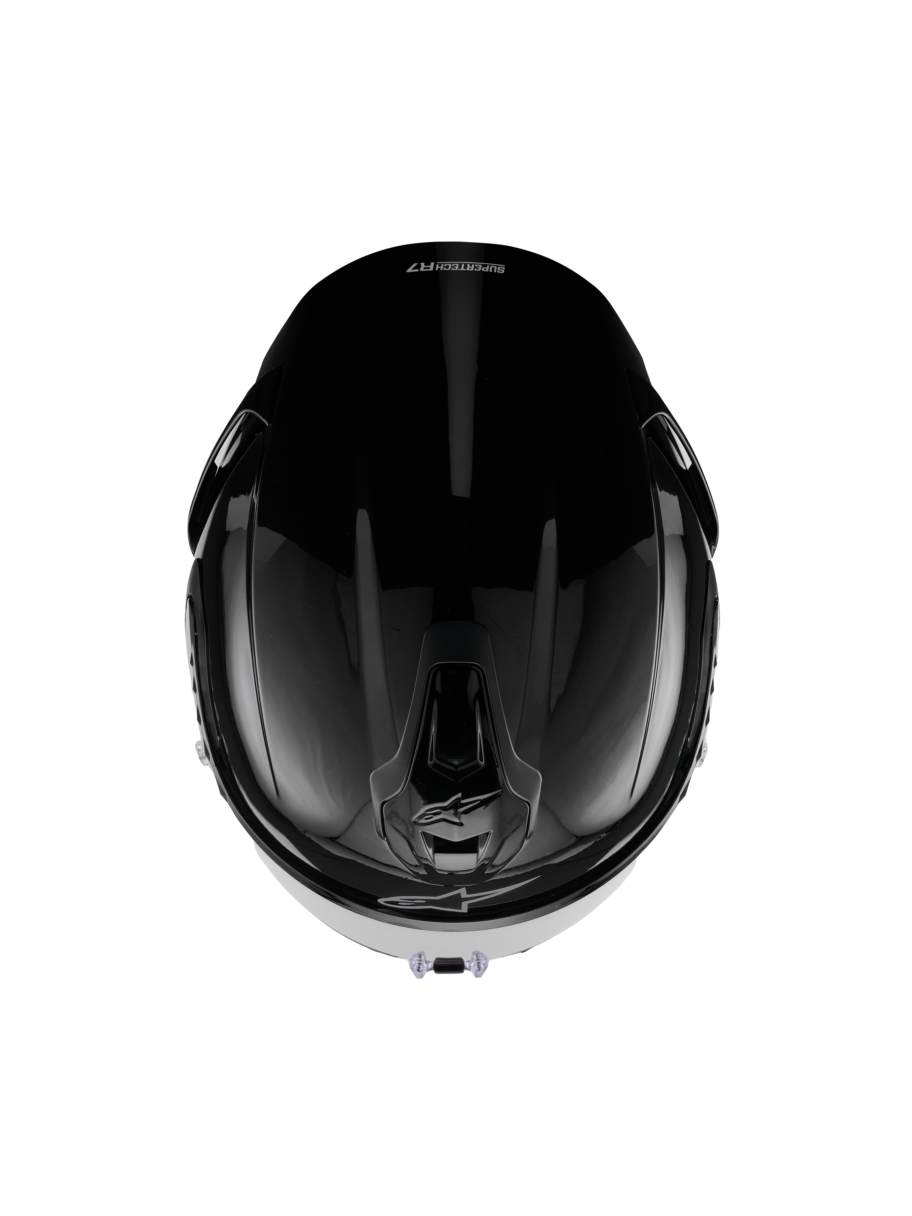 Casque Alpinestars S-R7 Solid, casque de moto intégral, noir brillant, vue de dessus montrant la coque aérodynamique, les orifices de ventilation et une finition brillante et épurée