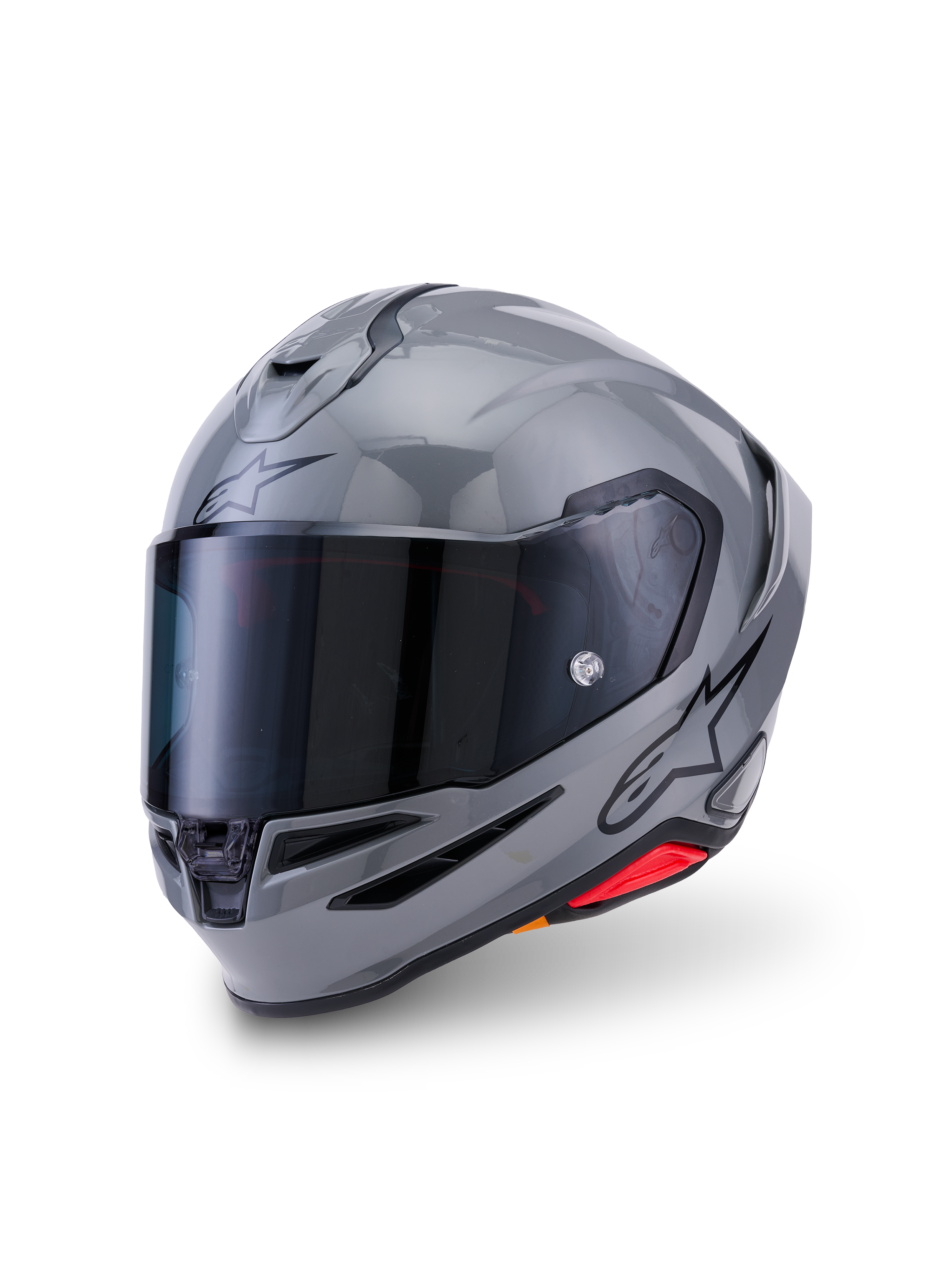 Casque Alpinestars S-R7 Solid, casque de moto intégral, gris brillant, doté d'une visière teintée foncée, d'une coque aérodynamique avec spoiler intégré, de ports de ventilation et d'un logo Alpinestars noir sur le côté