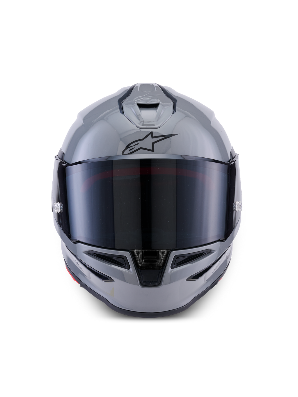 Casque Alpinestars S-R7 Solid, casque de moto intégral, gris brillant, vue de face avec visière teintée foncée, logo A-star noir sur le front, coque aérodynamique avec ventilation intégrée, conçu pour la course et les performances sportives.