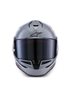 Casque Alpinestars S-R7 Solid, casque de moto intégral, gris brillant, vue de face avec visière teintée foncée, logo A-star noir sur le front, coque aérodynamique avec ventilation intégrée, conçu pour la course et les performances sportives.