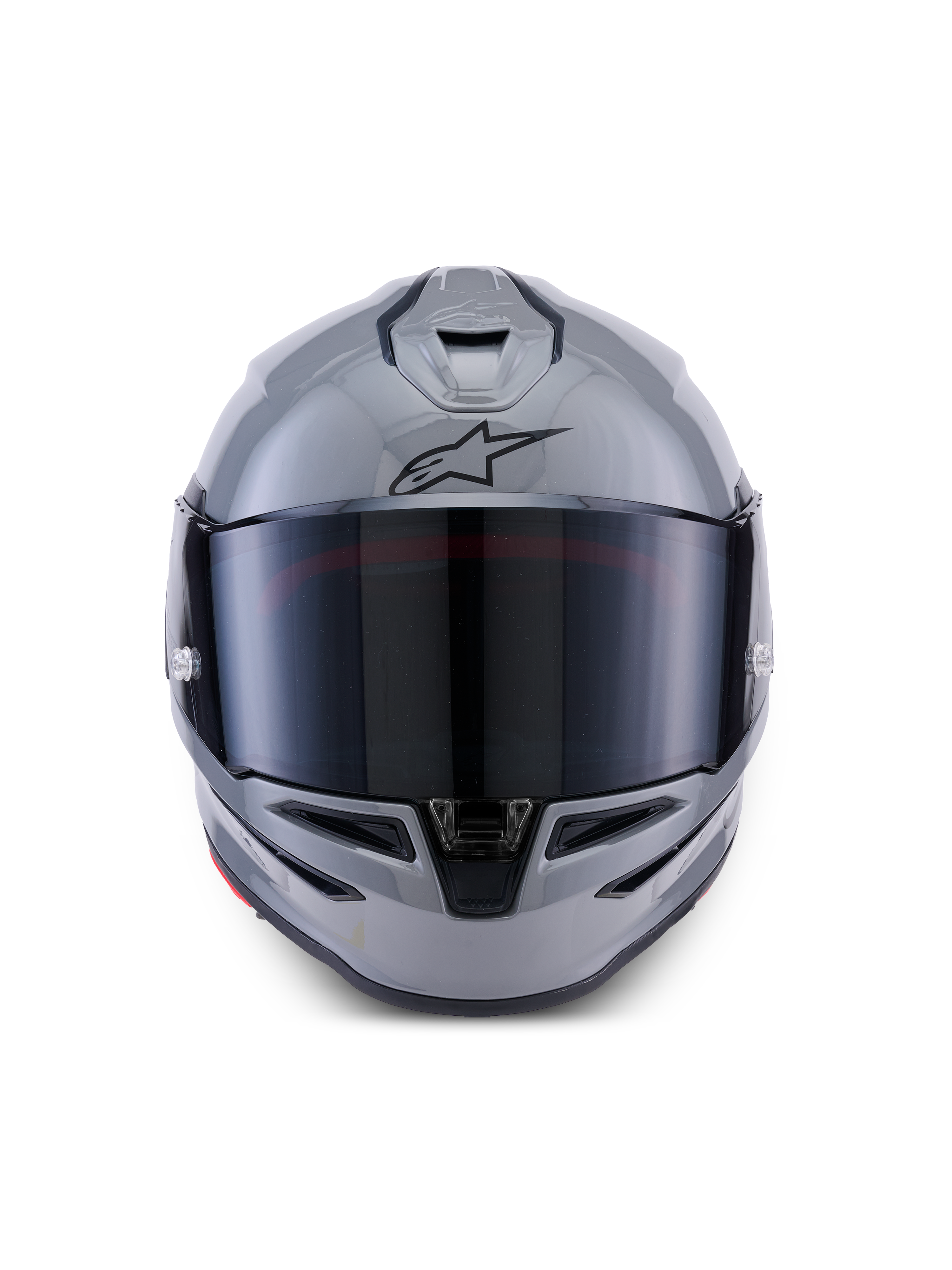 Casque Alpinestars S-R7 Solid, casque de moto intégral, gris brillant, vue de face avec visière teintée foncée, logo A-star noir sur le front, coque aérodynamique avec ventilation intégrée, conçu pour la course et les performances sportives.