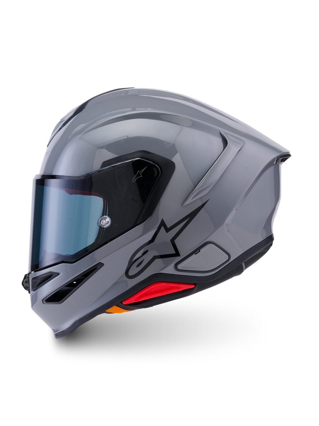 Casque Alpinestars S-R7 Solid, casque de moto intégral, gris brillant, profil latéral montrant un design aérodynamique épuré avec spoiler intégré, logo étoile noir et accent rouge à la base