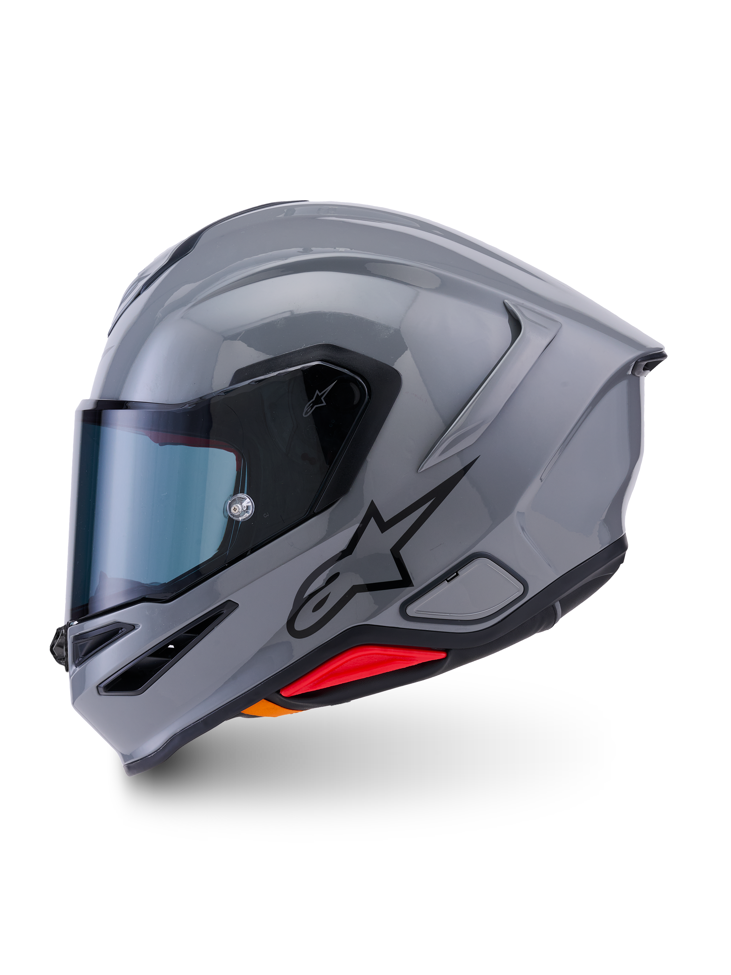 Casque Alpinestars S-R7 Solid, casque de moto intégral, gris brillant, profil latéral montrant un design aérodynamique épuré avec spoiler intégré, logo étoile noir et accent rouge à la base
