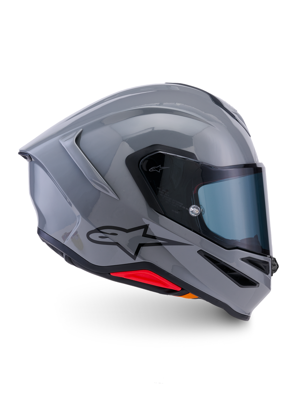 Casque Alpinestars S-R7 Solid, casque de moto intégral, gris brillant, vue de profil, coque aérodynamique gris brillant avec logo noir et accents rouges à la base, équipement de haute performance pour la course et la conduite sportive