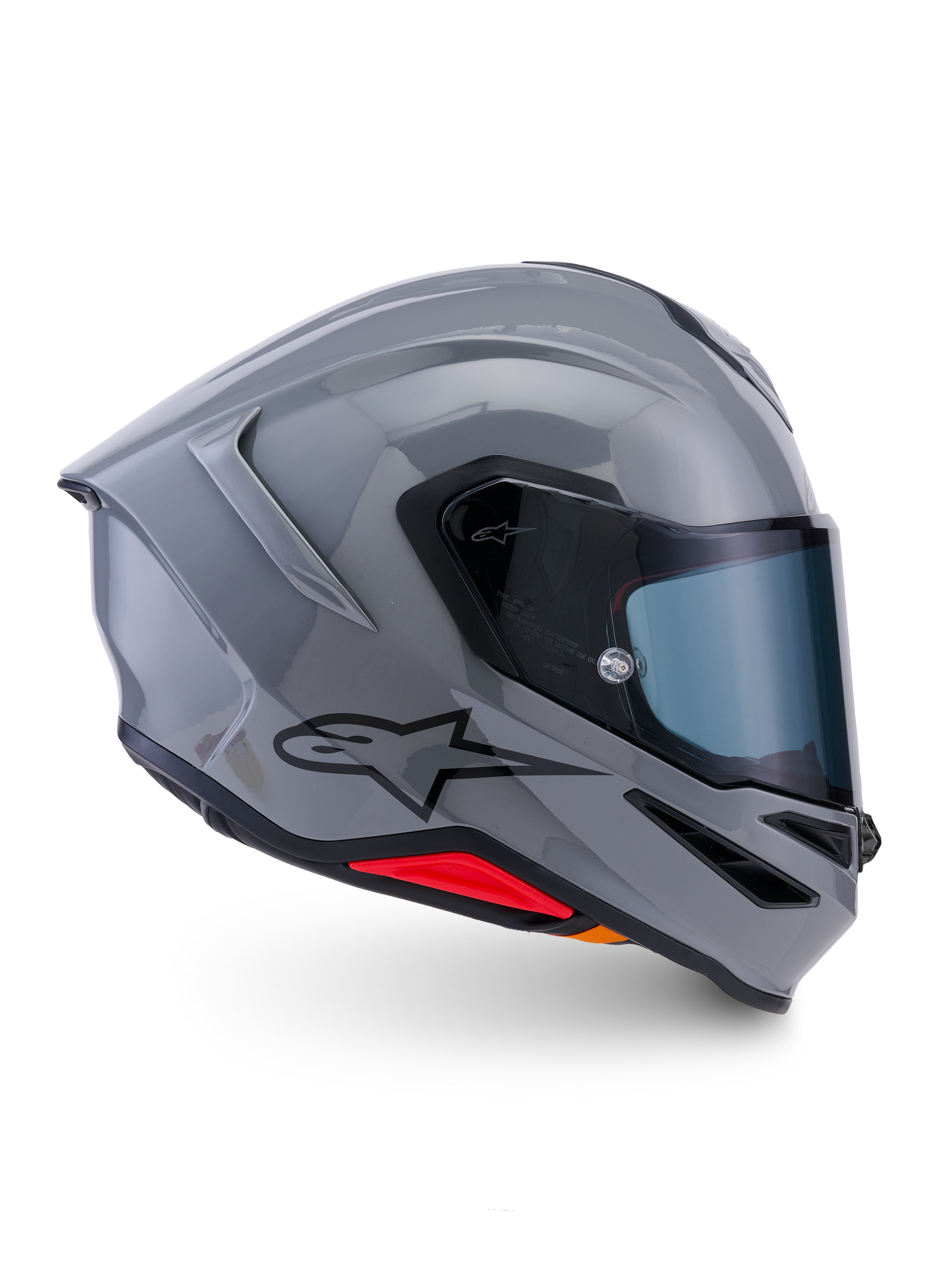 Alpinestars S-R7 Solid Helmet, Full-Face Motorcycle Helmet, Gray Glossy, side profile view, glossy gray aerodynamic shell with black logo and red base accents, high-performance racing and sport riding gear