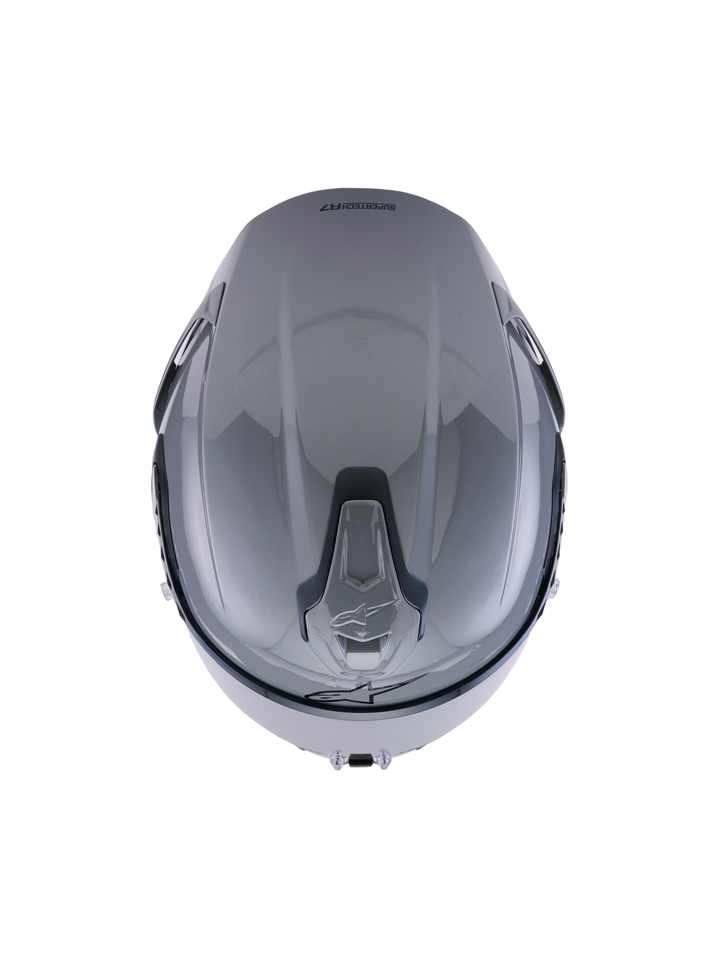 Casque Alpinestars S-R7 Solid, Gris Brillant, vue de dessus mettant en évidence le design aérodynamique de la coque et les ports de ventilation supérieurs coulissants intégrés.