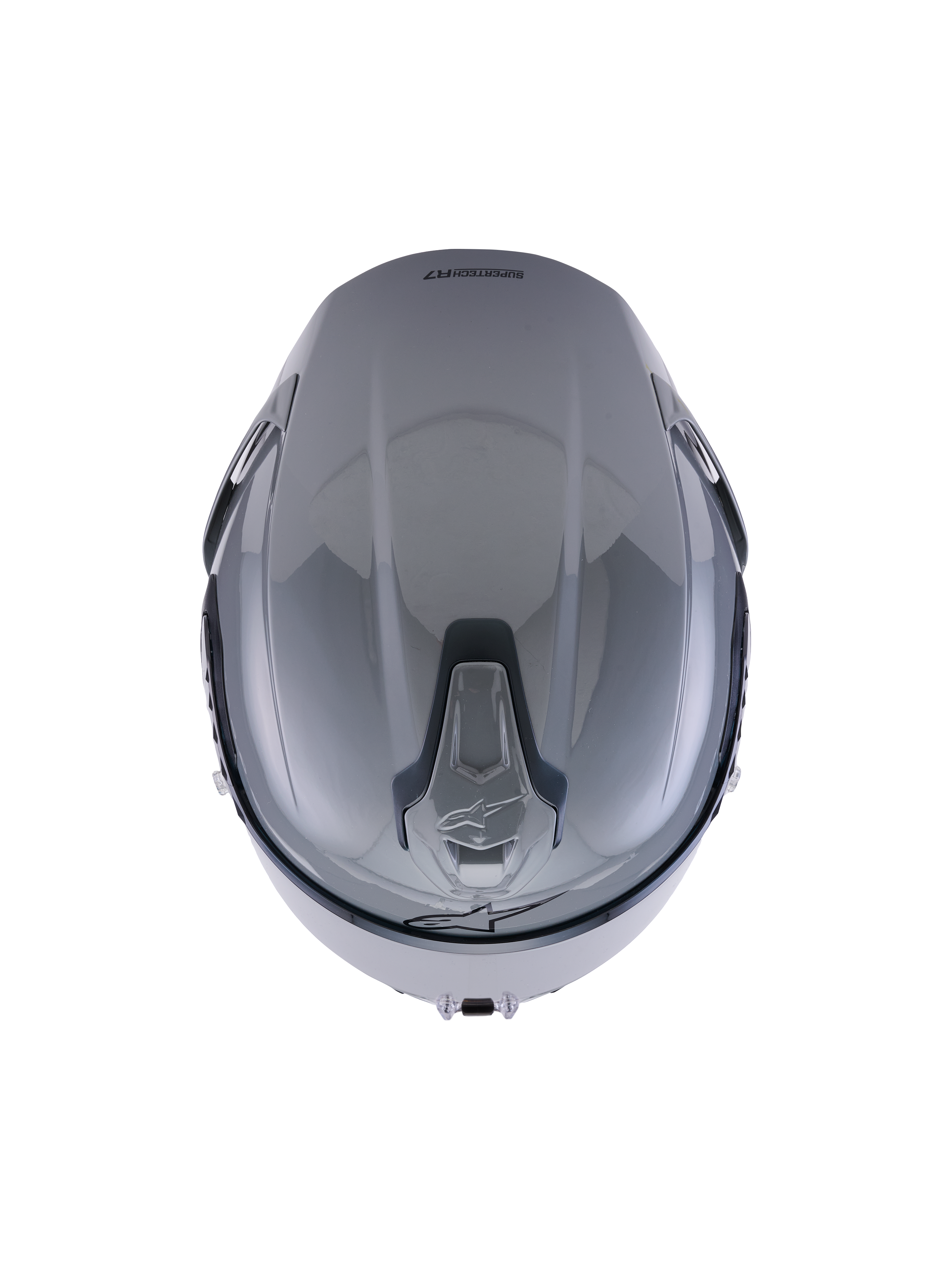 Casque Alpinestars S-R7 Solid, Gris Brillant, vue de dessus mettant en évidence le design aérodynamique de la coque et les ports de ventilation supérieurs coulissants intégrés.
