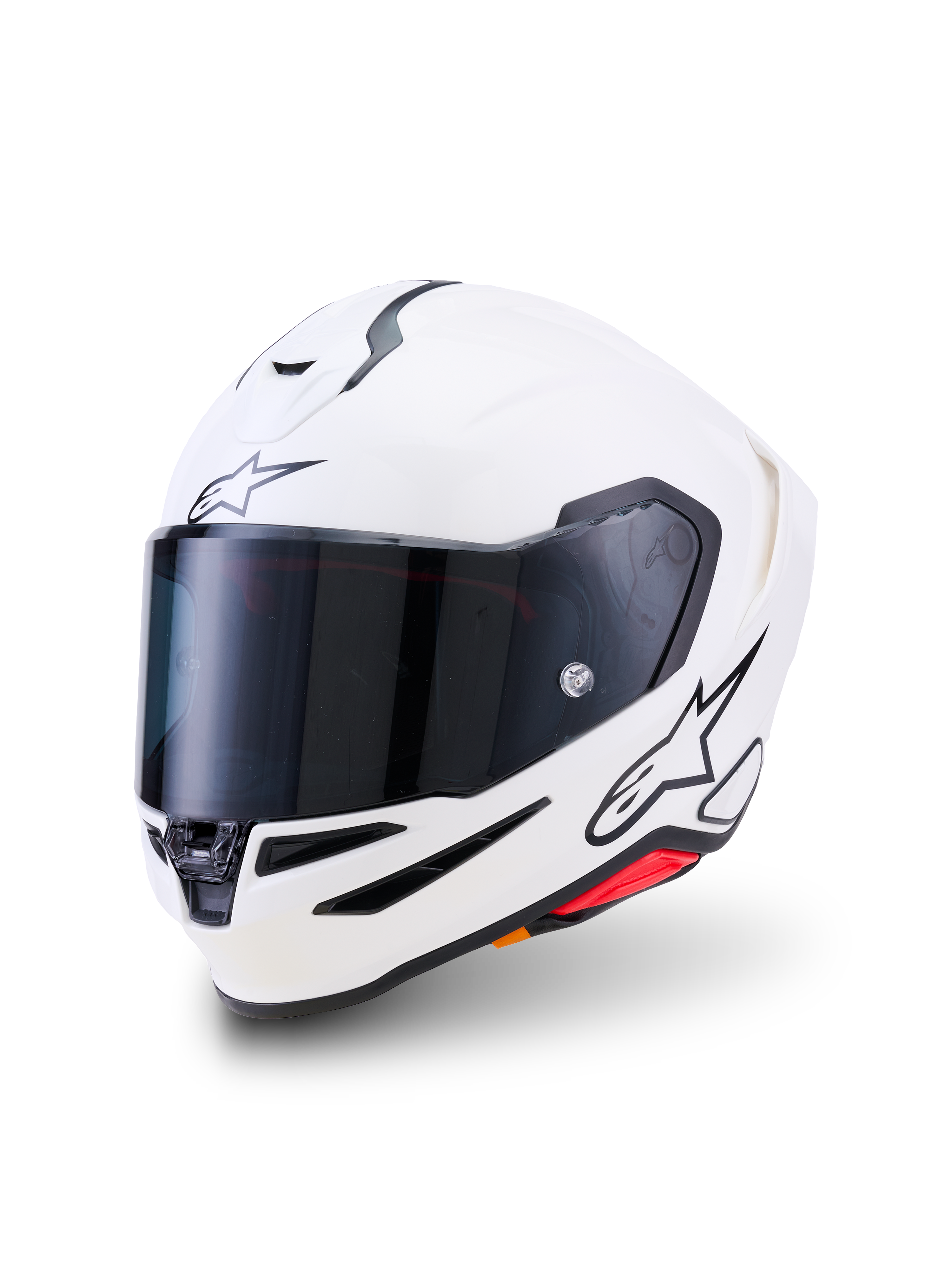 Casque Alpinestars S-R7 Solid, casque de moto intégral, blanc brillant, visière fumée foncée, logo étoile noir sur le front et le côté, coque aérodynamique avec évents de ventilation et accents rouges, équipement de route et de course haute performance